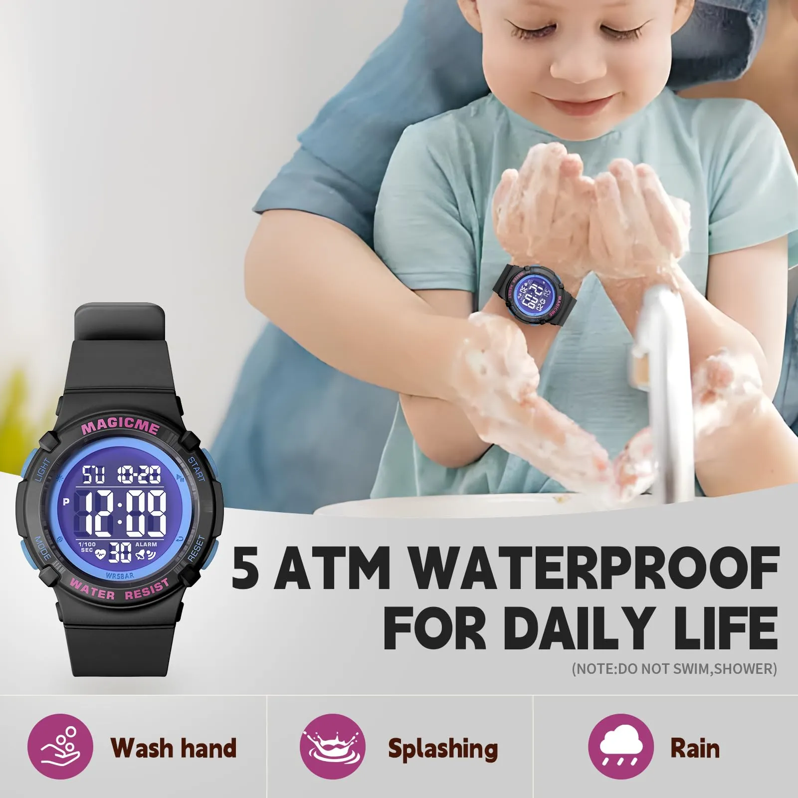 Bigmeda Orologio Bambini, Orologio da Polso per Ragazzi, Orologio Bambino Digitale Impermeabile 50 M, con luce LED, Orologio Insegnamento con Cinturino in Silicone (Nero+Rosa) - immagine 4