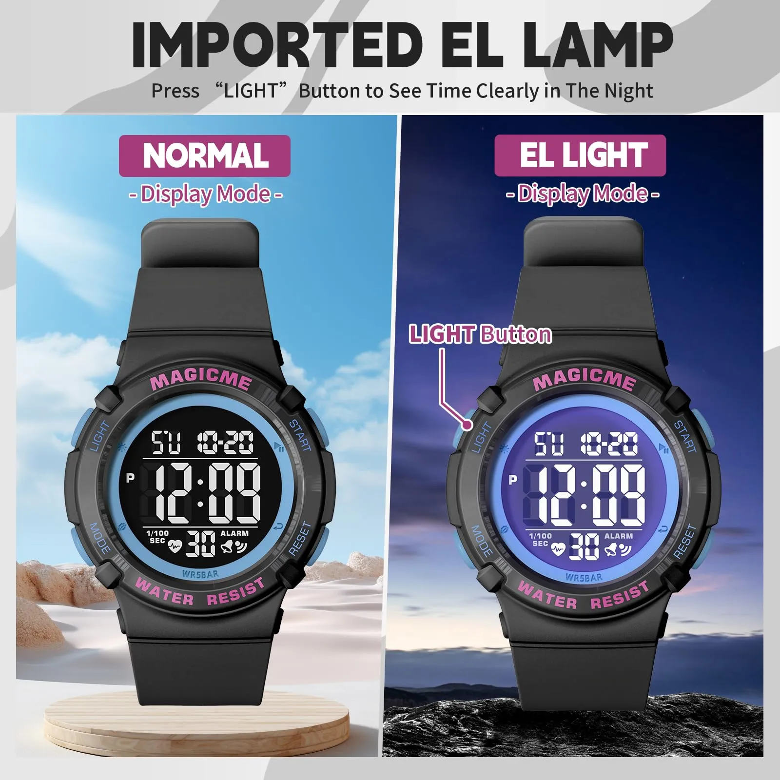 Bigmeda Orologio Bambini, Orologio da Polso per Ragazzi, Orologio Bambino Digitale Impermeabile 50 M, con luce LED, Orologio Insegnamento con Cinturino in Silicone (Nero+Rosa) - immagine 5