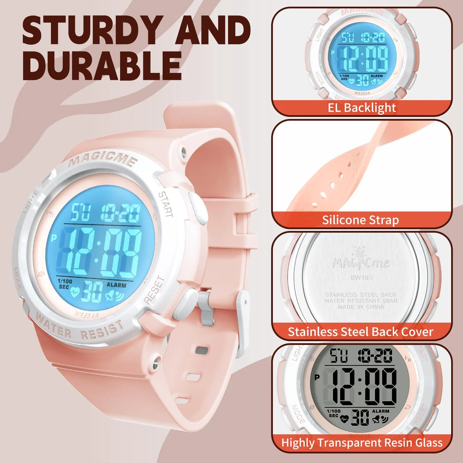 Bigmeda Orologio Bambini Digitale Impermeabile 50 M, da Polso per Ragazzi con Luce LED, Insegnamento con Cinturino in Silicone (Morandi Rosa) - immagine 2