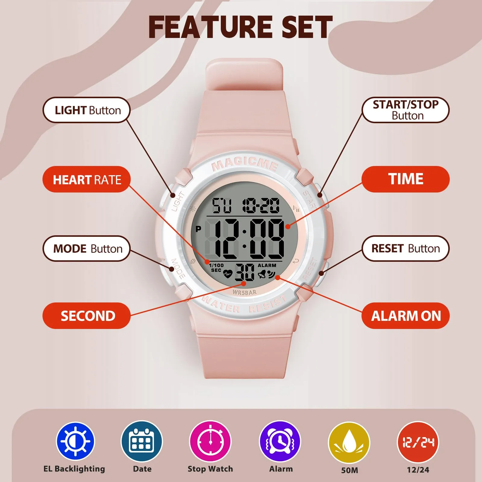 Bigmeda Orologio Bambini Digitale Impermeabile 50 M, da Polso per Ragazzi con Luce LED, Insegnamento con Cinturino in Silicone (Morandi Rosa) - immagine 3