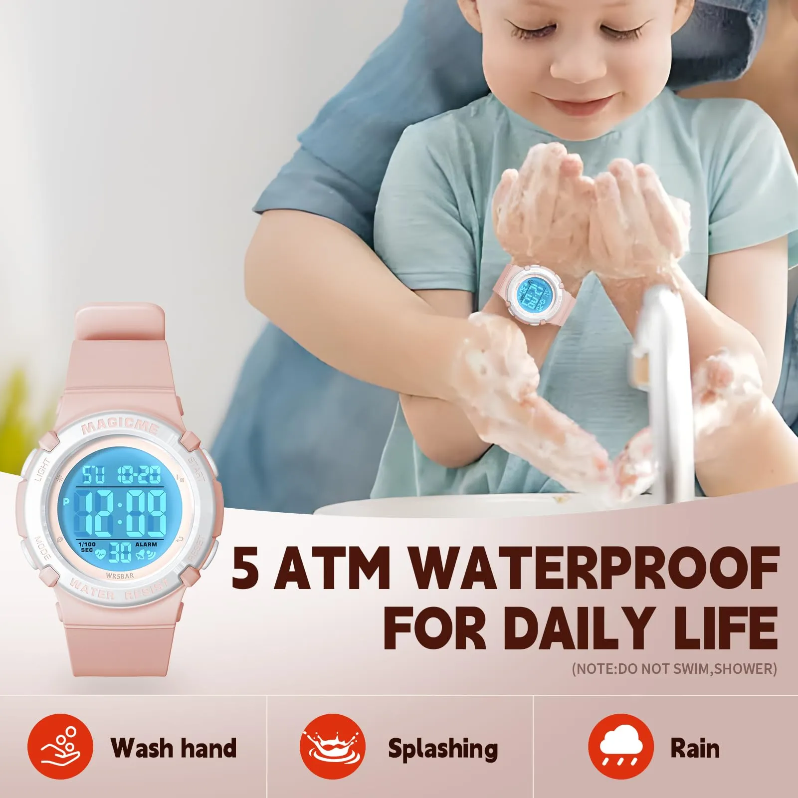 Bigmeda Orologio Bambini Digitale Impermeabile 50 M, da Polso per Ragazzi con Luce LED, Insegnamento con Cinturino in Silicone (Morandi Rosa) - immagine 4