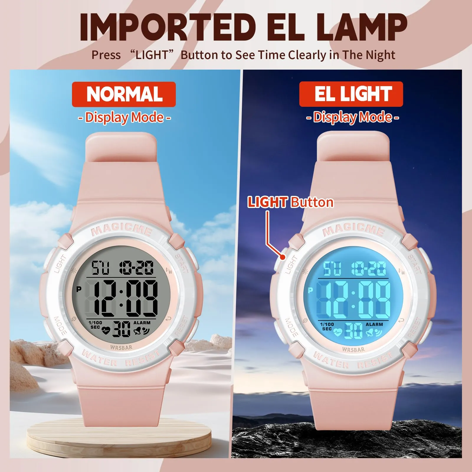 Bigmeda Orologio Bambini Digitale Impermeabile 50 M, da Polso per Ragazzi con Luce LED, Insegnamento con Cinturino in Silicone (Morandi Rosa) - immagine 5