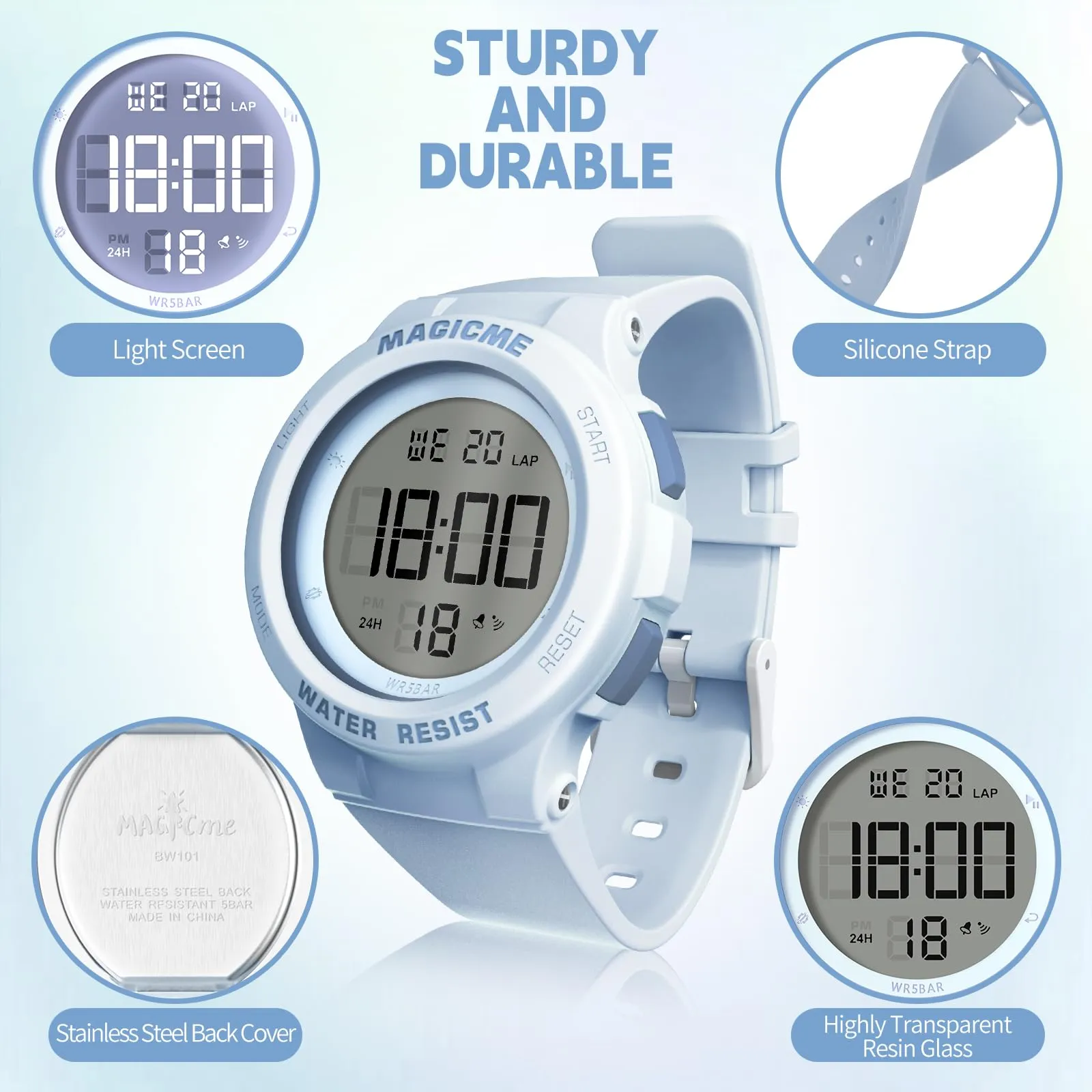 Bigmeda Orologio Bambini, Orologio da Polso per Ragazzi, Orologio Bambino Digitale Impermeabile 50 M, con luce LED, Orologio Insegnamento con Cinturino in Silicone (Macaron Blu) - immagine 2