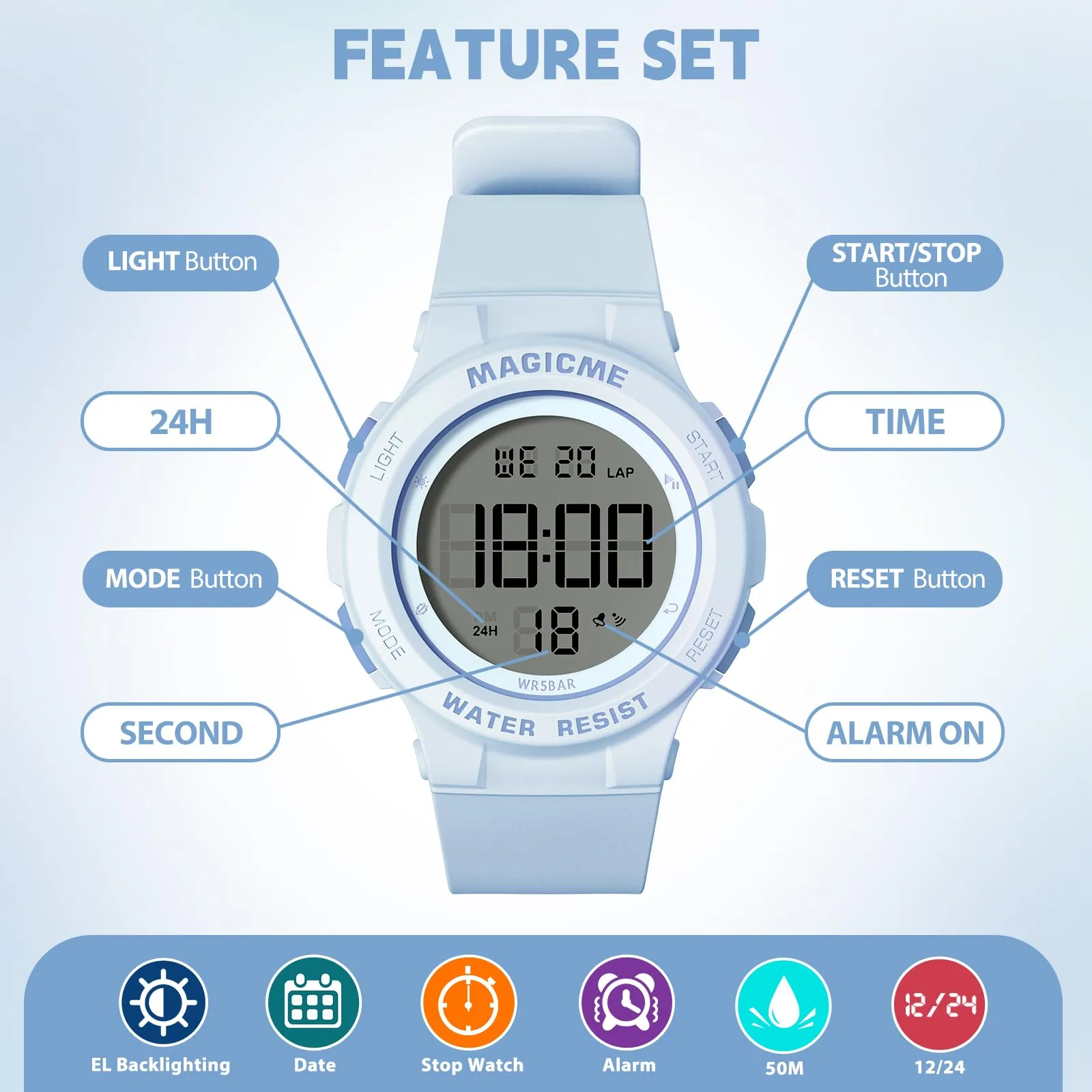 Bigmeda Orologio Bambini, Orologio da Polso per Ragazzi, Orologio Bambino Digitale Impermeabile 50 M, con luce LED, Orologio Insegnamento con Cinturino in Silicone (Macaron Blu) - immagine 3