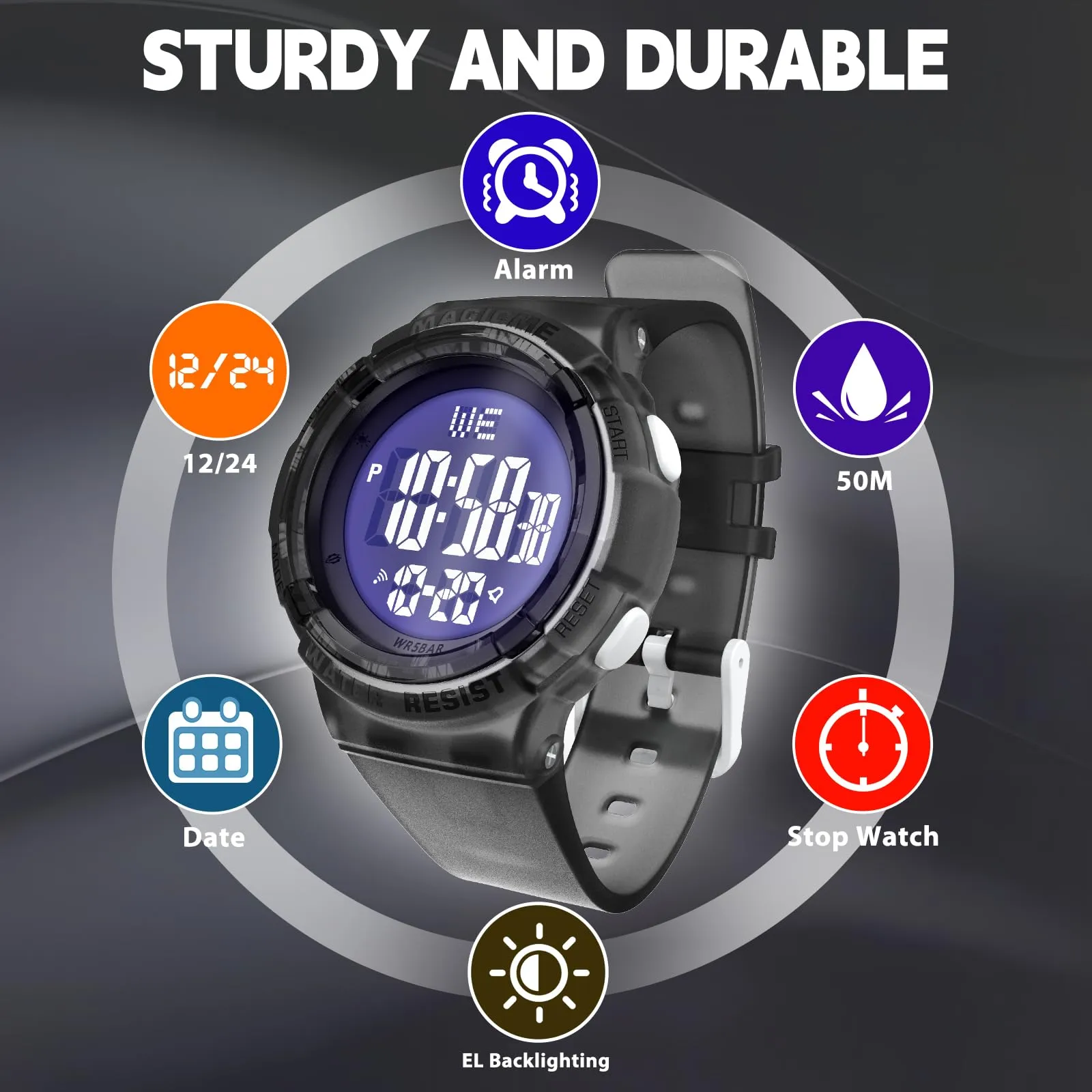 Bigmeda Orologio Bambini, Orologio da Polso per Ragazzi, Orologio Bambino Digitale Impermeabile 50 M, con luce LED, Orologio Insegnamento con Cinturino in Silicone (Trasparente Nero) - immagine 2