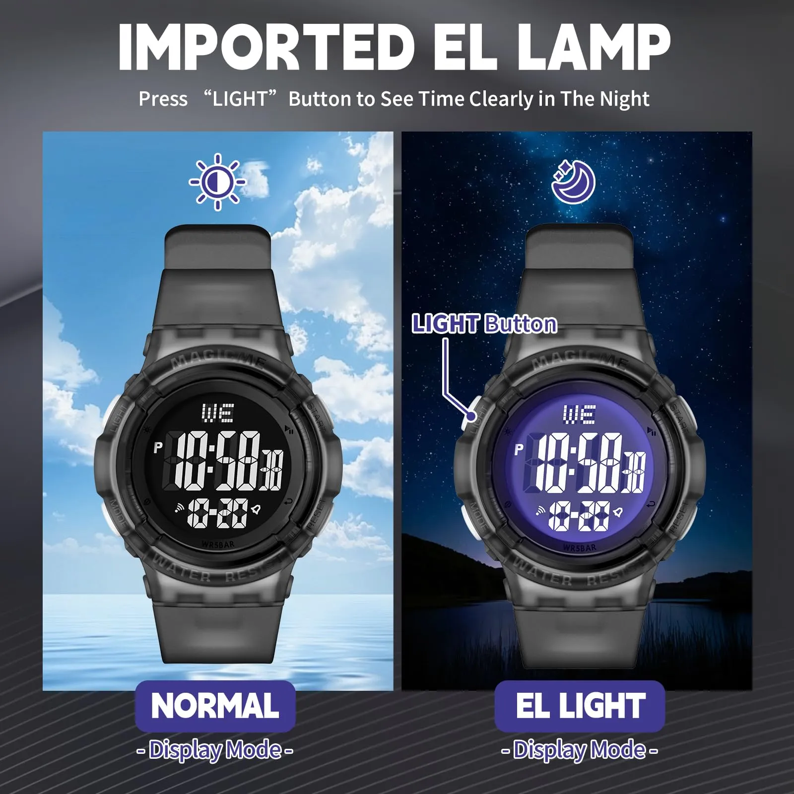 Bigmeda Orologio Bambini, Orologio da Polso per Ragazzi, Orologio Bambino Digitale Impermeabile 50 M, con luce LED, Orologio Insegnamento con Cinturino in Silicone (Trasparente Nero) - immagine 5