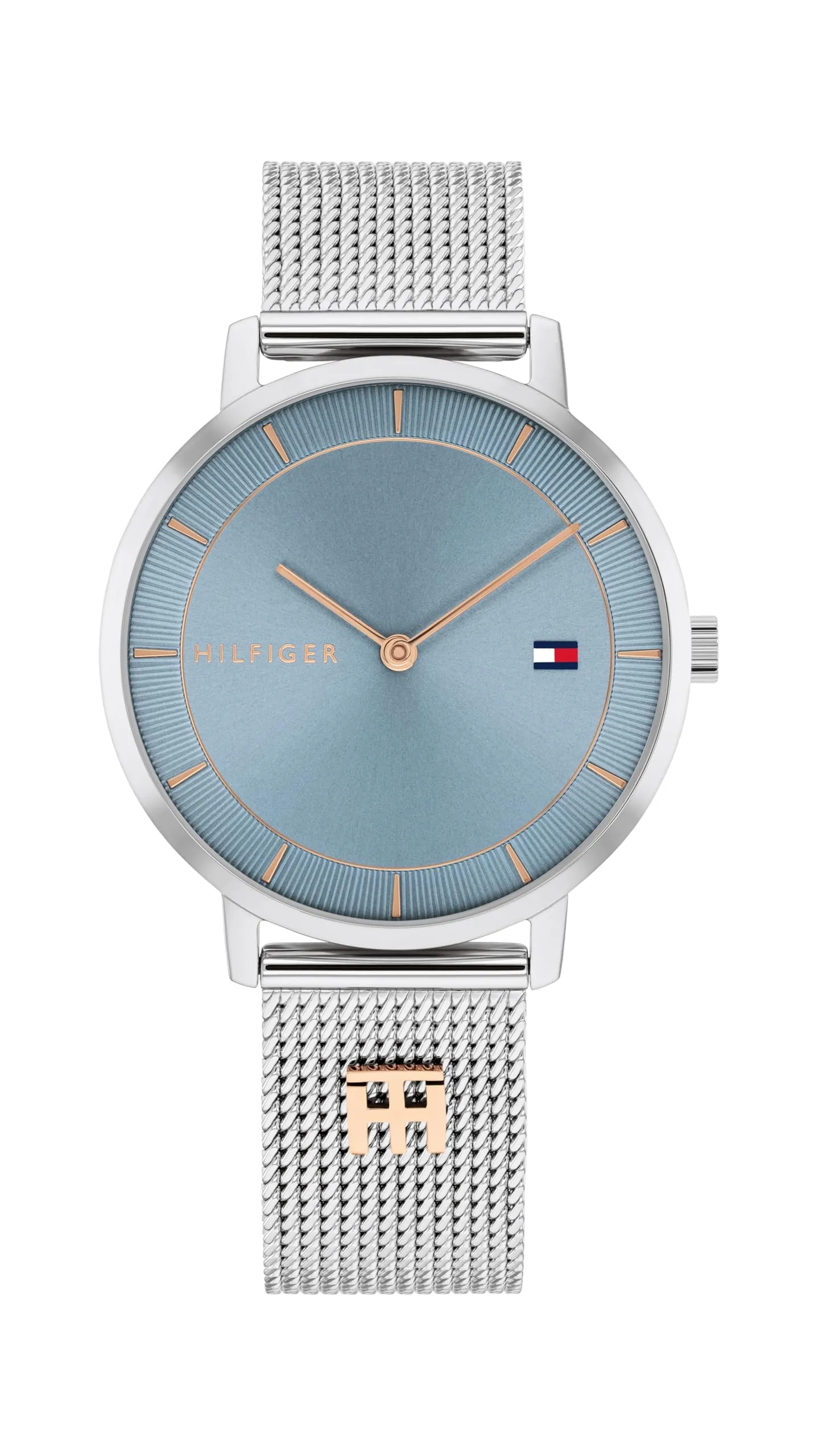 Tommy Hilfiger Orologio Con Movimento Al Quarzo A Due Lancette da Donna con Cinturino in Maglia Metallica in Acciaio Inossidabile Argentato - 1782738, Light Blue - immagine 1