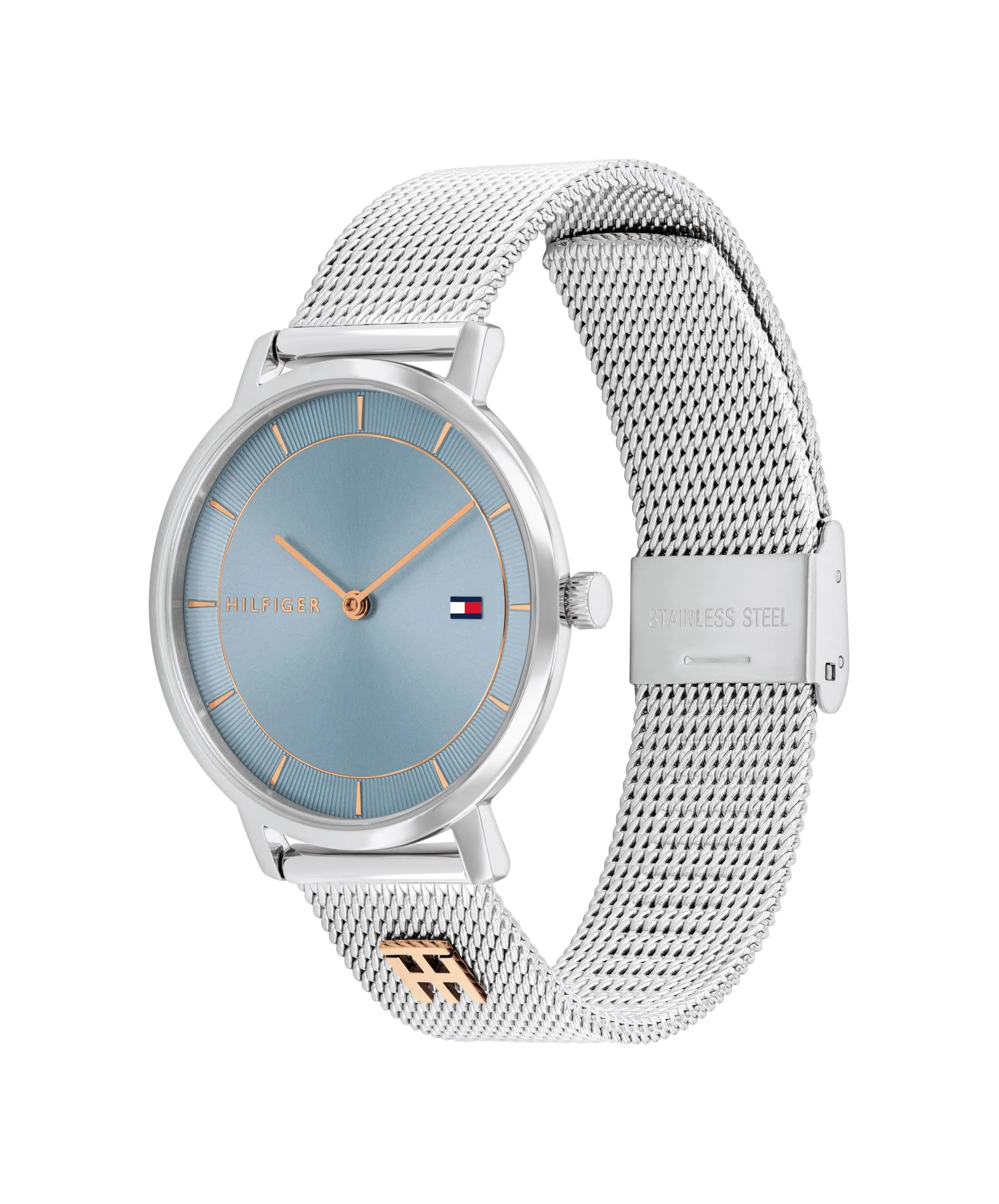 Tommy Hilfiger Orologio Con Movimento Al Quarzo A Due Lancette da Donna con Cinturino in Maglia Metallica in Acciaio Inossidabile Argentato - 1782738, Light Blue - immagine 2