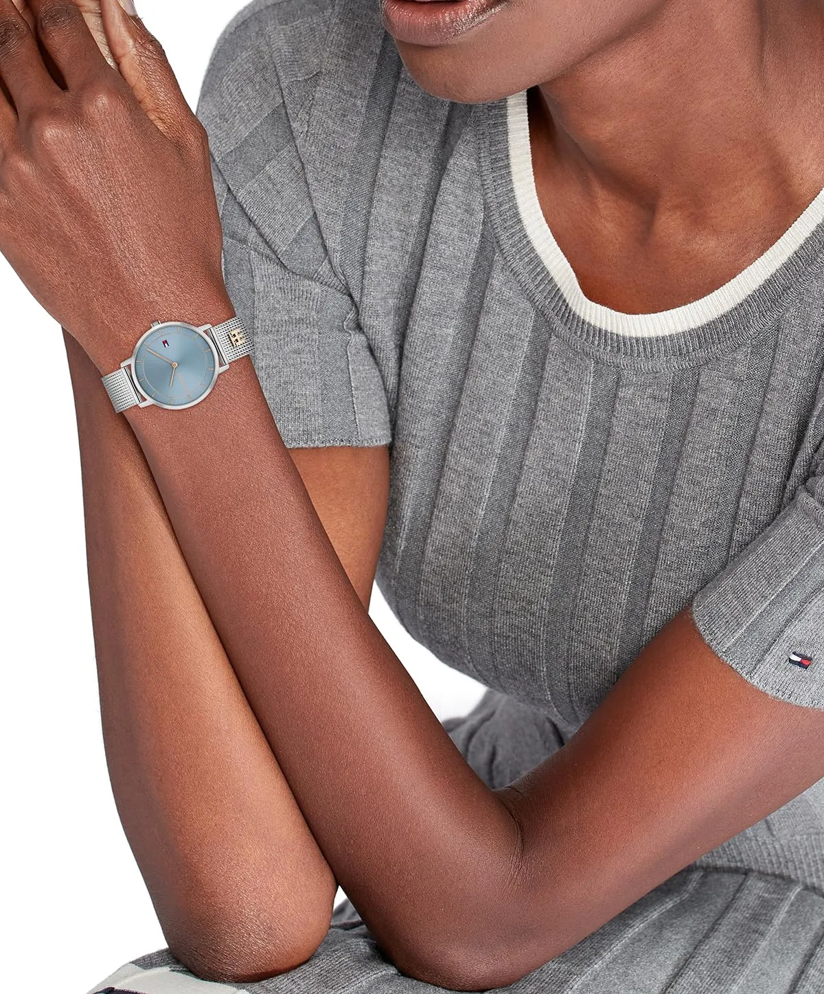 Tommy Hilfiger Orologio Con Movimento Al Quarzo A Due Lancette da Donna con Cinturino in Maglia Metallica in Acciaio Inossidabile Argentato - 1782738, Light Blue - immagine 4