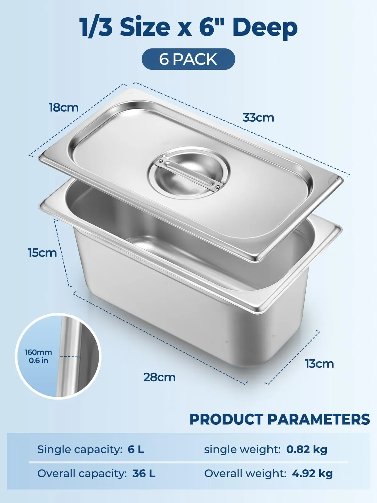 FOHERE 6 Contenitore GN 1/3, Contenitori Acciaio Inox，33x18x15 cm, Compatibile con i forni a convezione, frigoriferi, Coperchio, Teglia da Forno per Bar, Ristorante e Hotel - immagine 7
