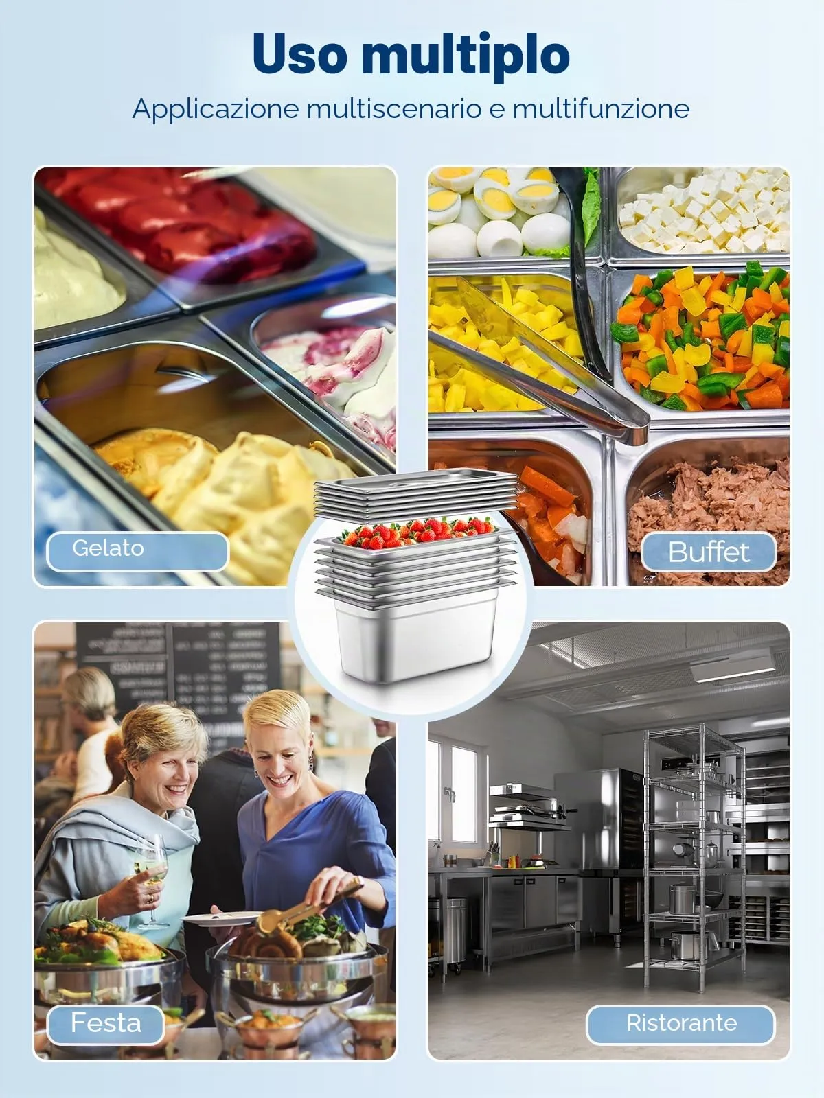 FOHERE 6 Contenitore GN 1/3, Contenitori Acciaio Inox，33x18x15 cm, Compatibile con i forni a convezione, frigoriferi, Coperchio, Teglia da Forno per Bar, Ristorante e Hotel - immagine 9