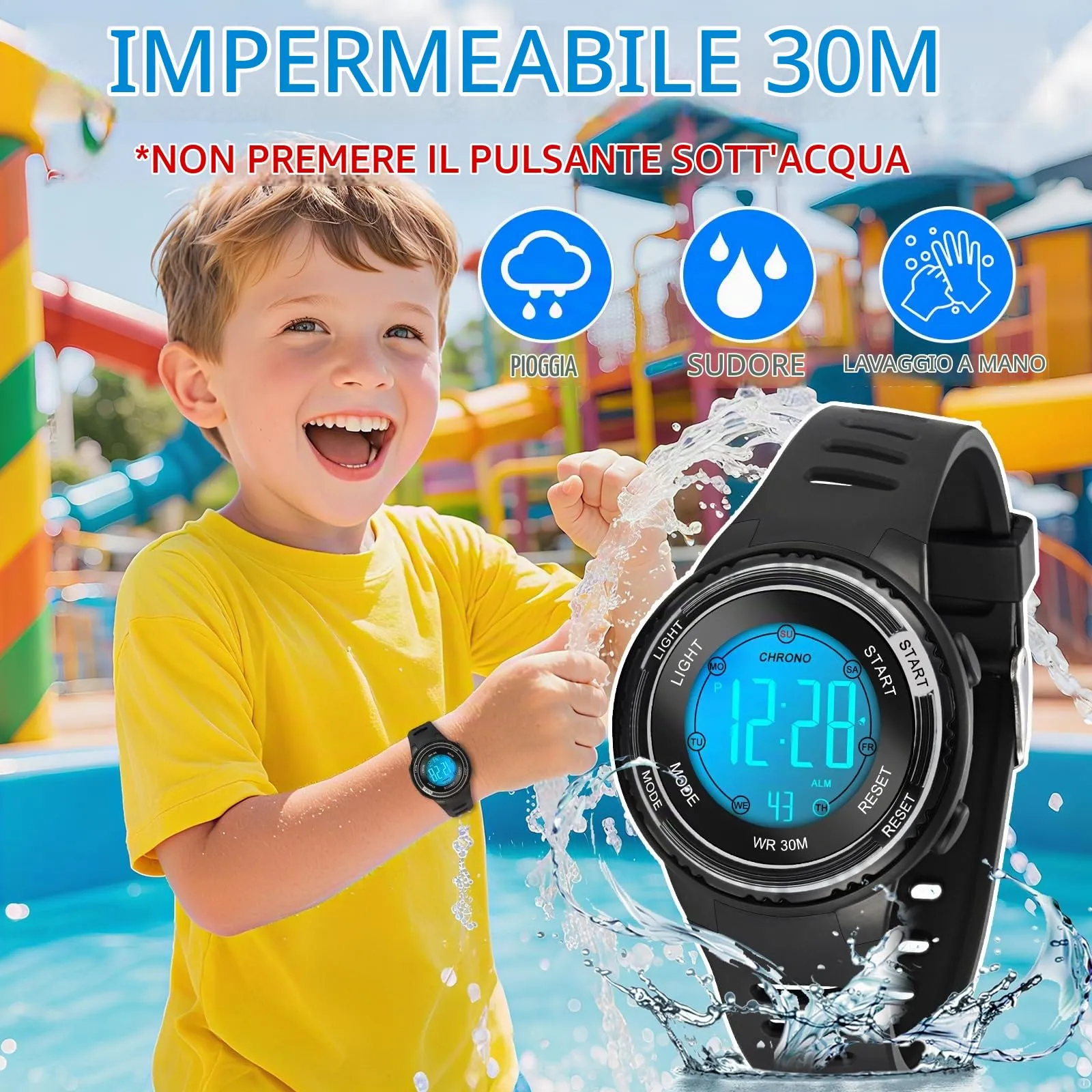 Edillas Orologio Digitale Bambino,7 Colori LED Orologio Sportivo e Multifunzionale da Polso per Ragazzi e Ragazze,Impermeabile 3 ATM,Sveglia/Cronometro/Data (Nero) - immagine 2