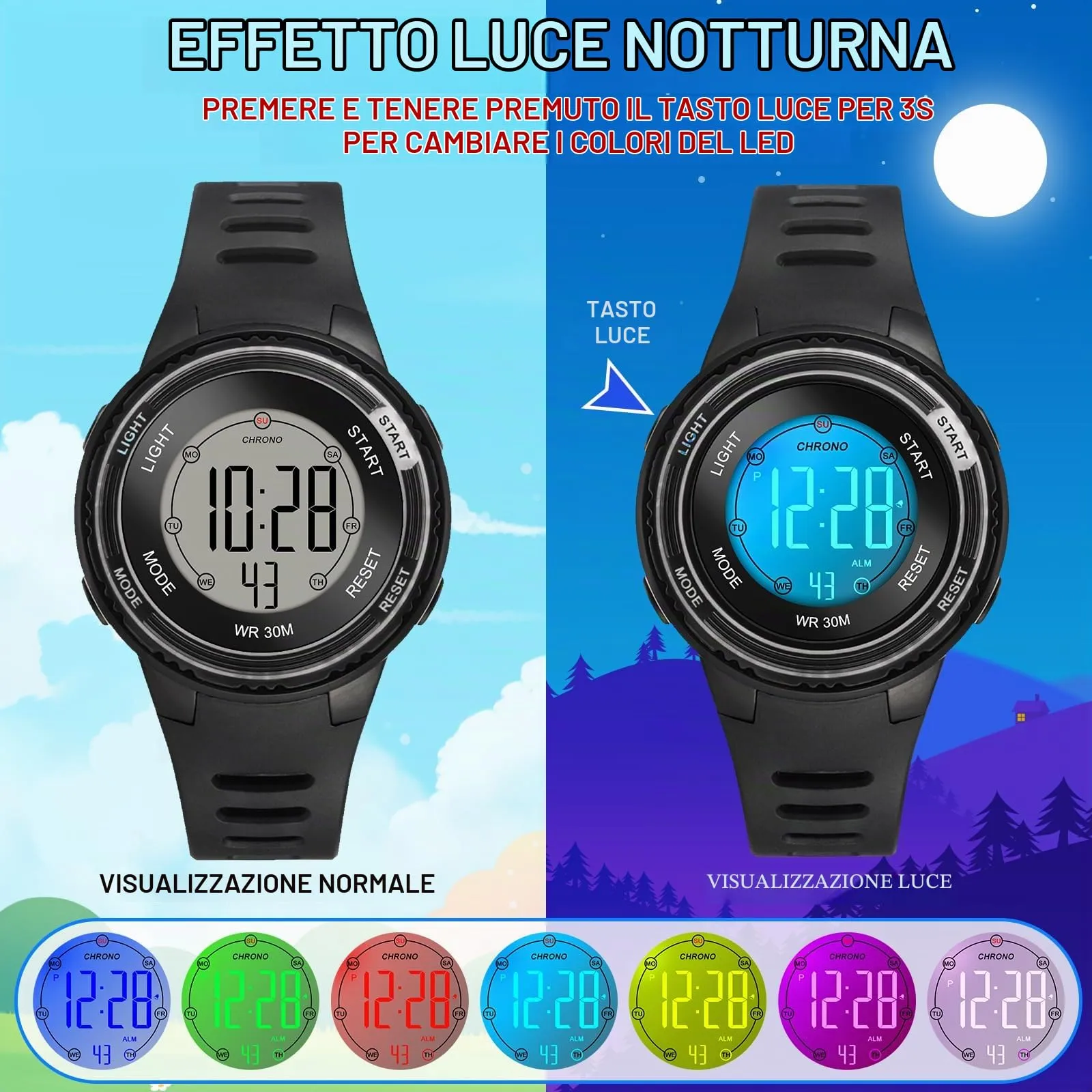 Edillas Orologio Digitale Bambino,7 Colori LED Orologio Sportivo e Multifunzionale da Polso per Ragazzi e Ragazze,Impermeabile 3 ATM,Sveglia/Cronometro/Data (Nero) - immagine 3