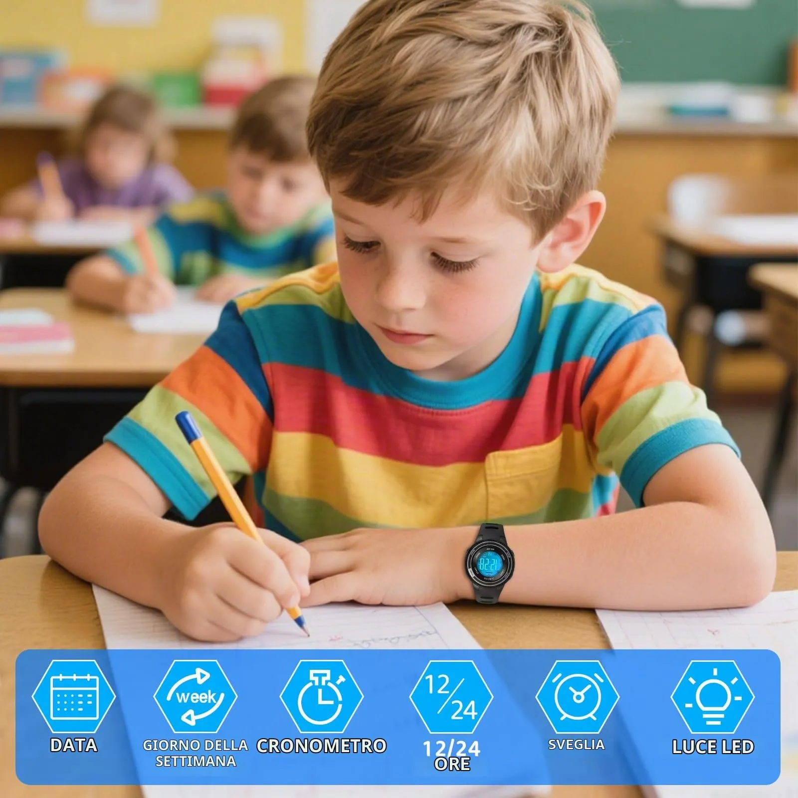 Edillas Orologio Digitale Bambino,7 Colori LED Orologio Sportivo e Multifunzionale da Polso per Ragazzi e Ragazze,Impermeabile 3 ATM,Sveglia/Cronometro/Data (Nero) - immagine 4