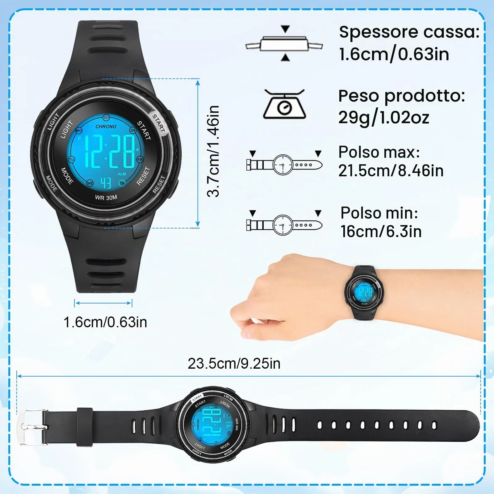 Edillas Orologio Digitale Bambino,7 Colori LED Orologio Sportivo e Multifunzionale da Polso per Ragazzi e Ragazze,Impermeabile 3 ATM,Sveglia/Cronometro/Data (Nero) - immagine 5