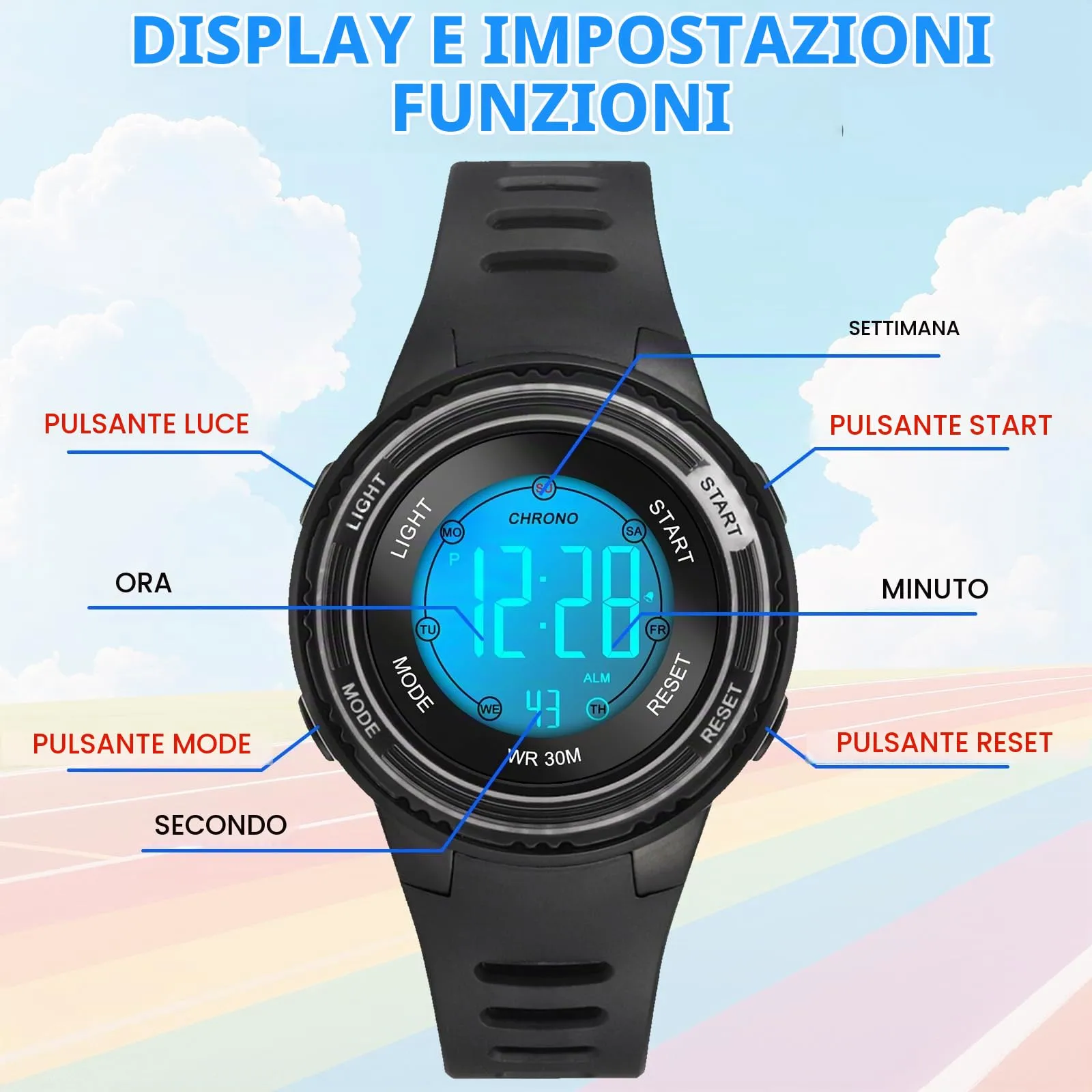 Edillas Orologio Digitale Bambino,7 Colori LED Orologio Sportivo e Multifunzionale da Polso per Ragazzi e Ragazze,Impermeabile 3 ATM,Sveglia/Cronometro/Data (Nero) - immagine 6