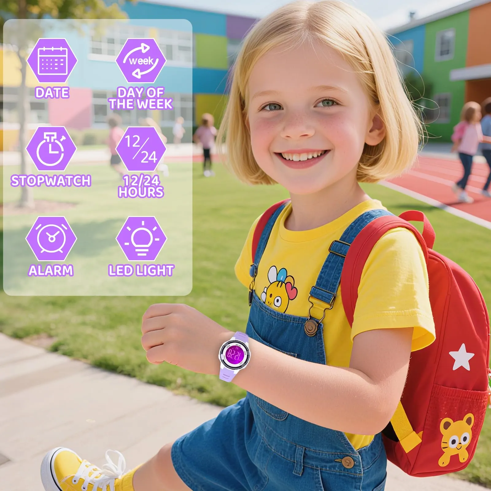 Edillas Orologio Digitale Bambino,7 Colori LED Orologio Sportivo e Multifunzionale da Polso per Ragazzi e Ragazze,Impermeabile 3 ATM,Sveglia/Cronometro/Data (Viola) - immagine 2
