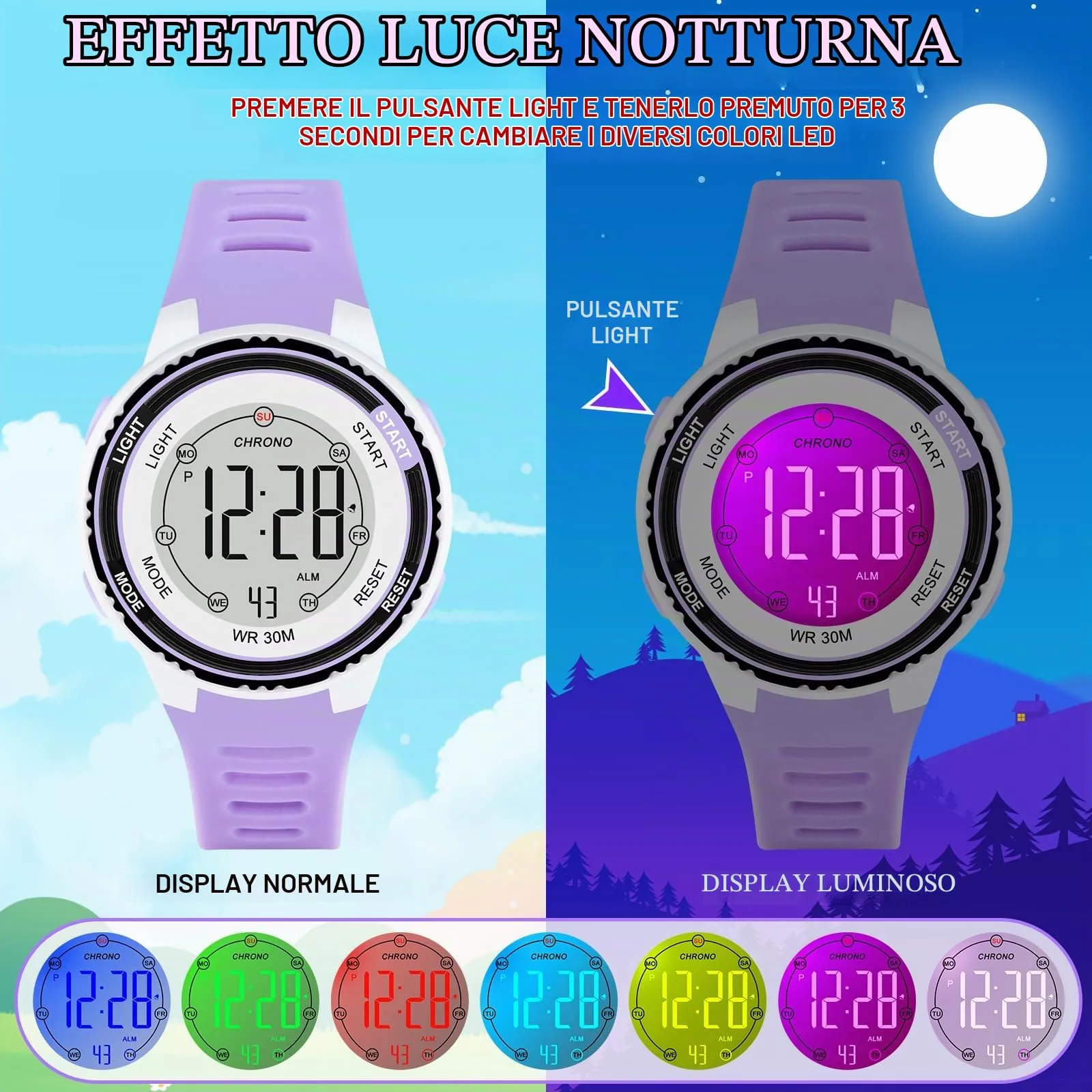 Edillas Orologio Digitale Bambino,7 Colori LED Orologio Sportivo e Multifunzionale da Polso per Ragazzi e Ragazze,Impermeabile 3 ATM,Sveglia/Cronometro/Data (Viola) - immagine 3