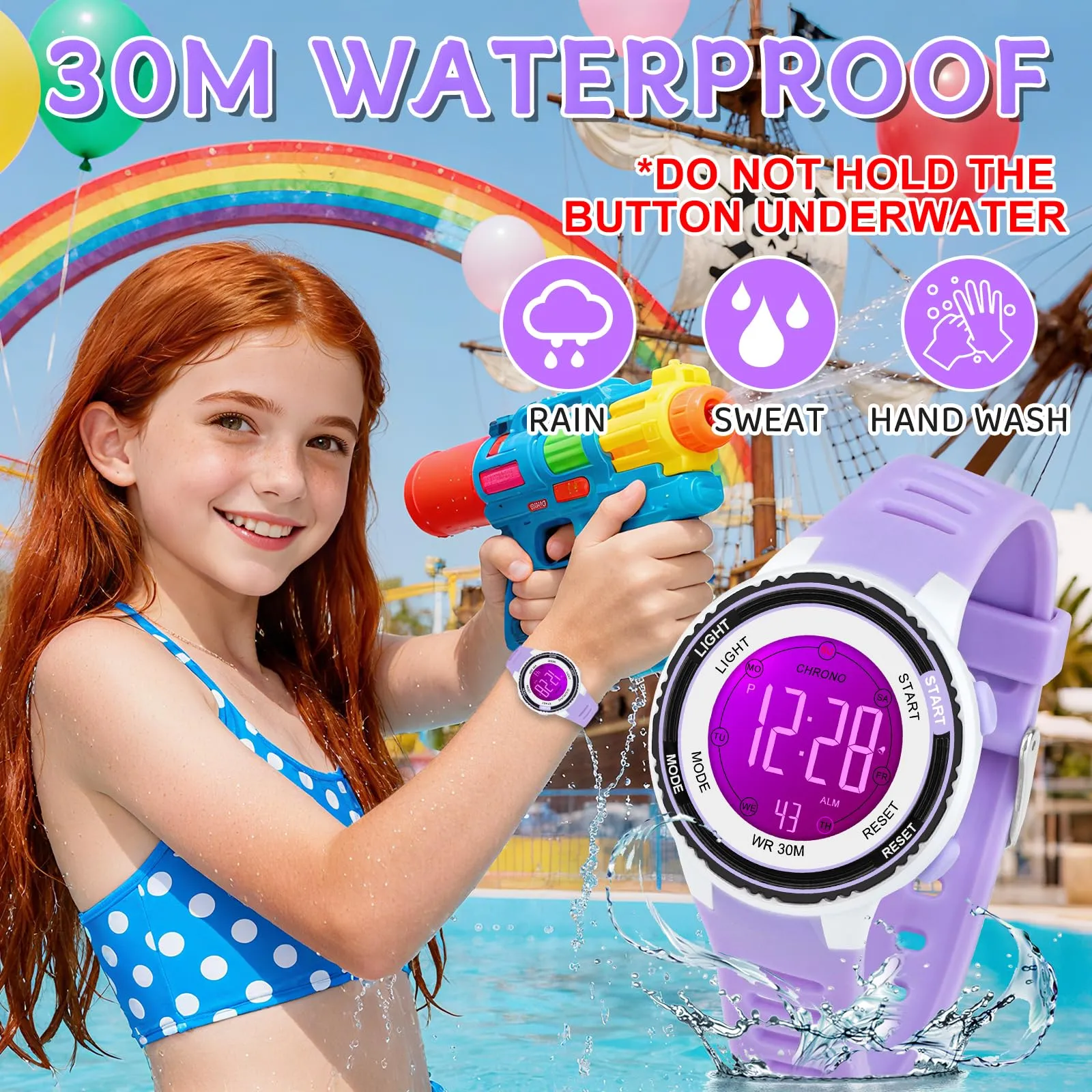 Edillas Orologio Digitale Bambino,7 Colori LED Orologio Sportivo e Multifunzionale da Polso per Ragazzi e Ragazze,Impermeabile 3 ATM,Sveglia/Cronometro/Data (Viola) - immagine 4