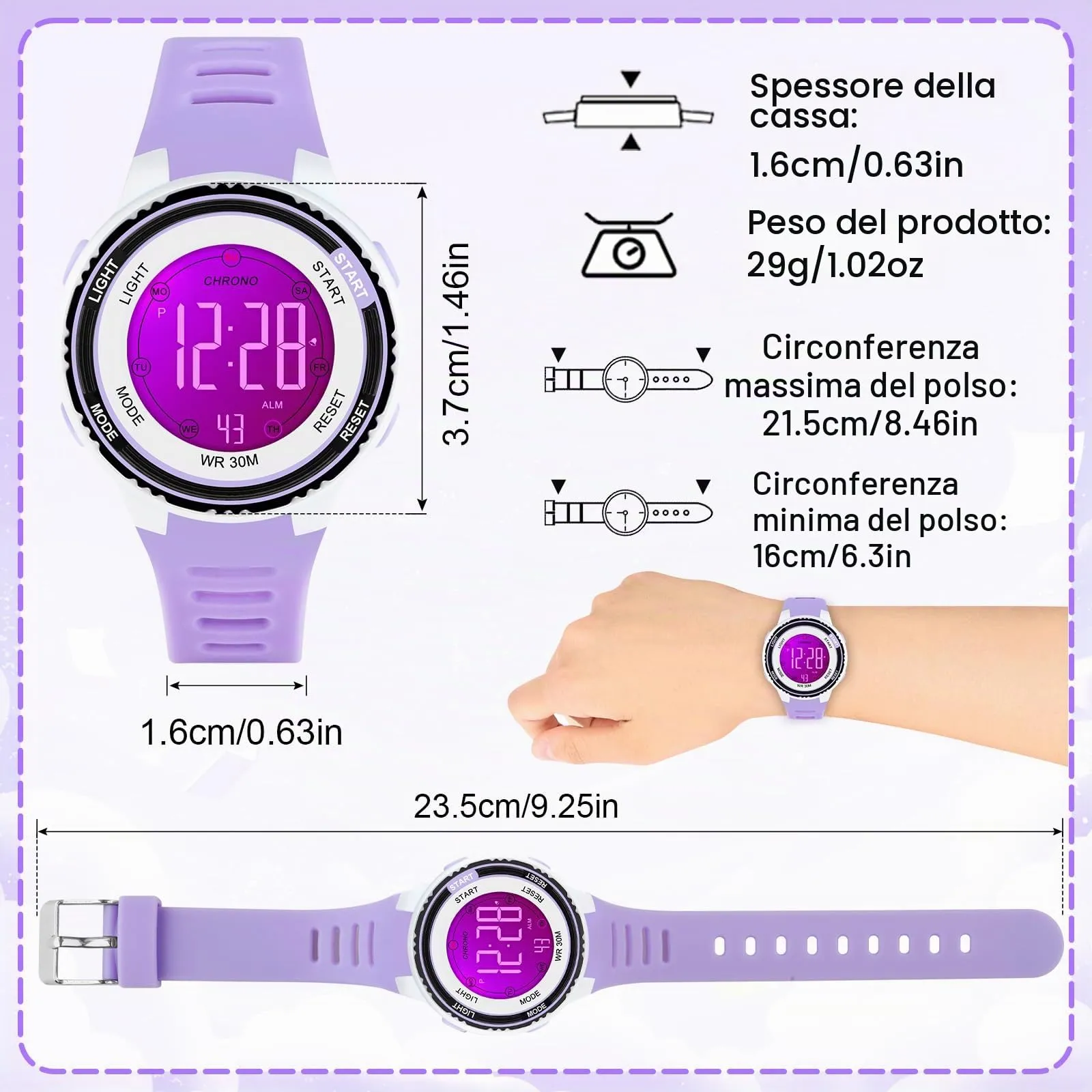 Edillas Orologio Digitale Bambino,7 Colori LED Orologio Sportivo e Multifunzionale da Polso per Ragazzi e Ragazze,Impermeabile 3 ATM,Sveglia/Cronometro/Data (Viola) - immagine 5