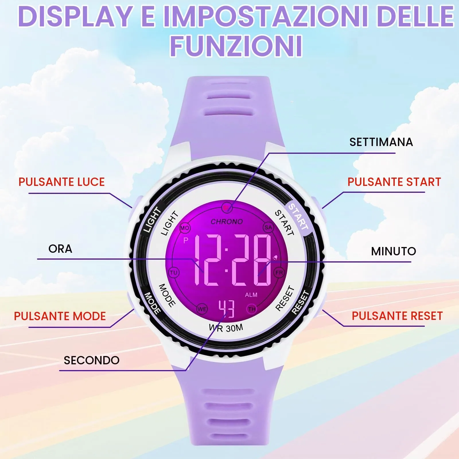 Edillas Orologio Digitale Bambino,7 Colori LED Orologio Sportivo e Multifunzionale da Polso per Ragazzi e Ragazze,Impermeabile 3 ATM,Sveglia/Cronometro/Data (Viola) - immagine 6