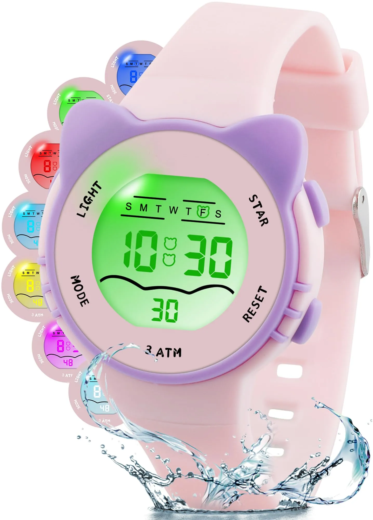 Edillas Orologio Digitale Bambino,7 Colori LED Orologio Sportivo e Multifunzionale da Polso per Ragazzi e Ragazze,Impermeabile 3 ATM,Sveglia/Cronometro/Data (Rosa) - immagine 1