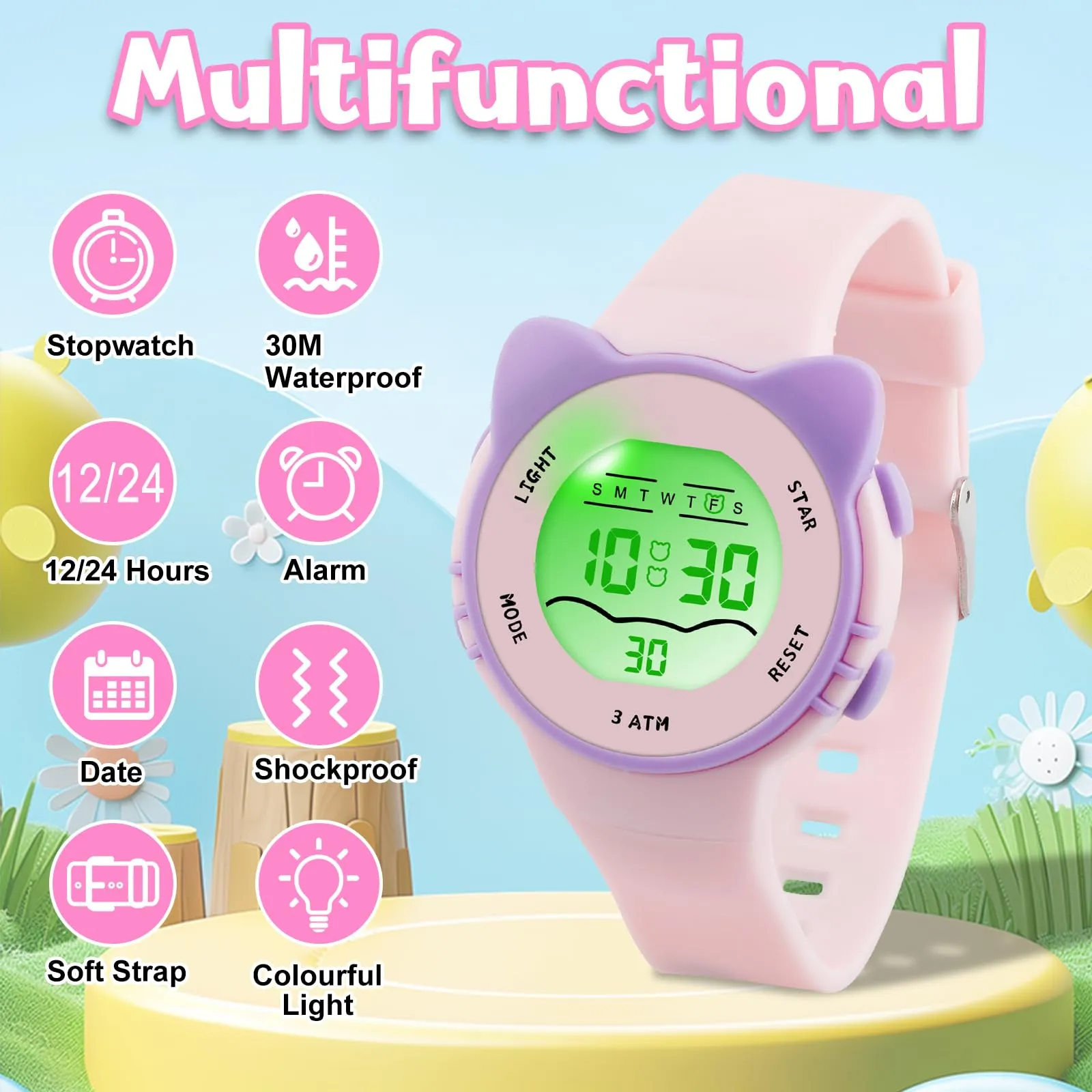 Edillas Orologio Digitale Bambino,7 Colori LED Orologio Sportivo e Multifunzionale da Polso per Ragazzi e Ragazze,Impermeabile 3 ATM,Sveglia/Cronometro/Data (Rosa) - immagine 2