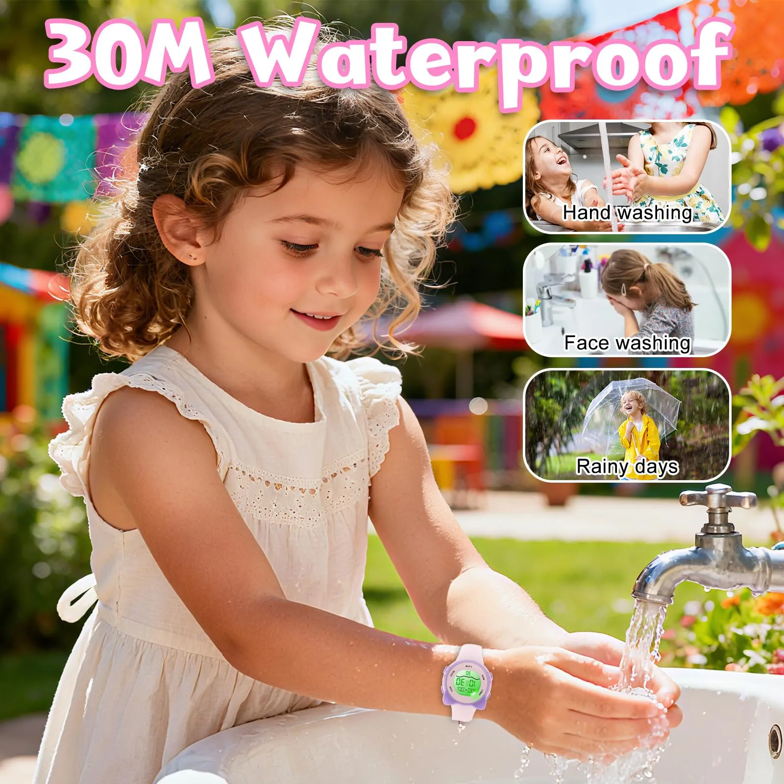 Edillas Orologio Digitale Bambino,7 Colori LED Orologio Sportivo e Multifunzionale da Polso per Ragazzi e Ragazze,Impermeabile 3 ATM,Sveglia/Cronometro/Data (Rosa) - immagine 4