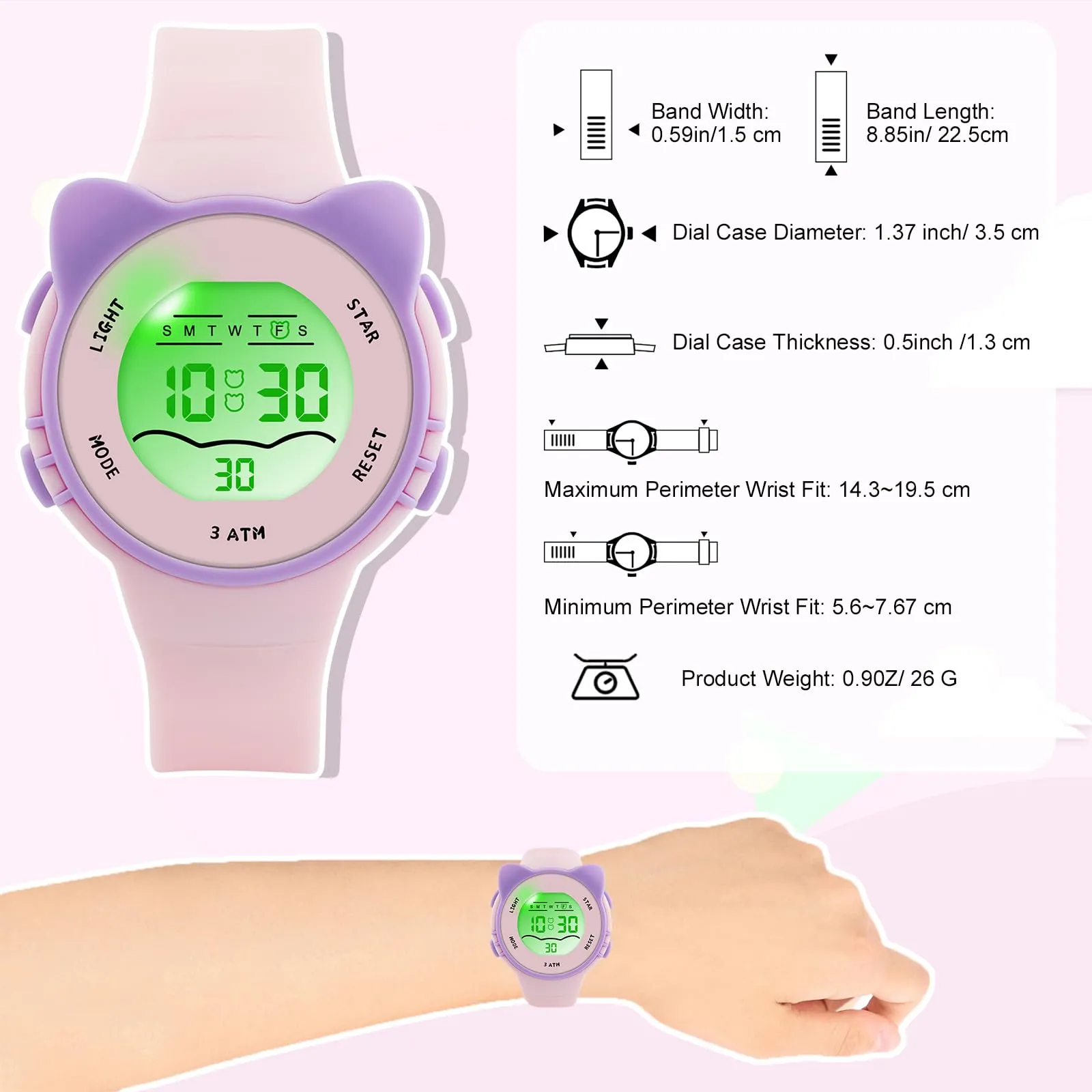 Edillas Orologio Digitale Bambino,7 Colori LED Orologio Sportivo e Multifunzionale da Polso per Ragazzi e Ragazze,Impermeabile 3 ATM,Sveglia/Cronometro/Data (Rosa) - immagine 5