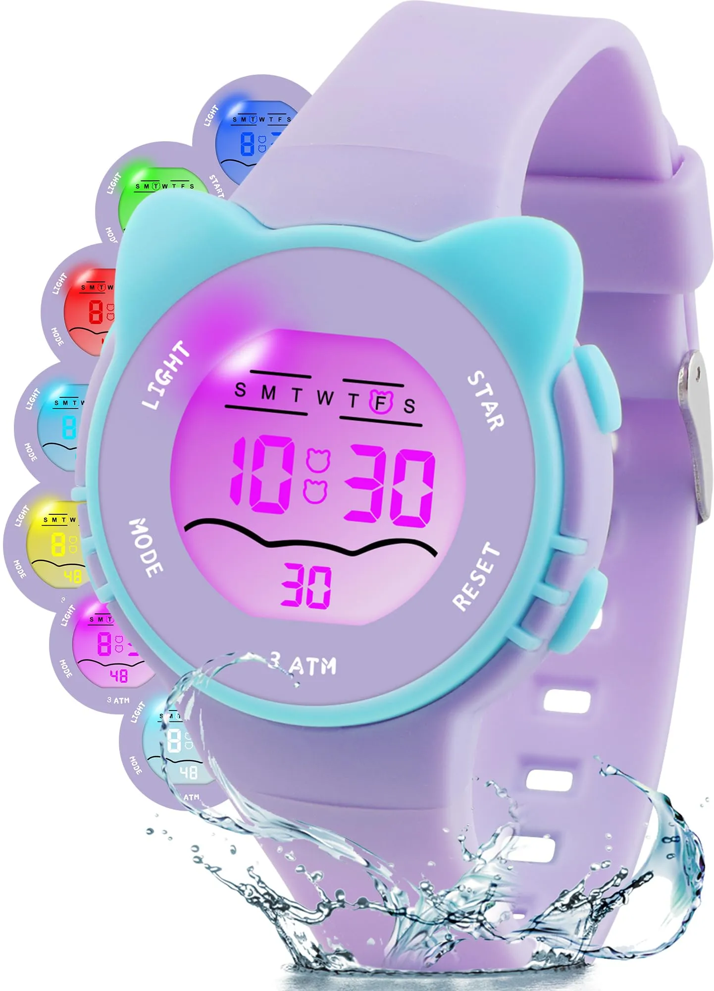 Edillas Orologio Digitale Bambino,7 Colori LED Orologio Sportivo e Multifunzionale da Polso per Ragazzi e Ragazze,Impermeabile 3 ATM,Sveglia/Cronometro/Data (Lavanda) - immagine 1