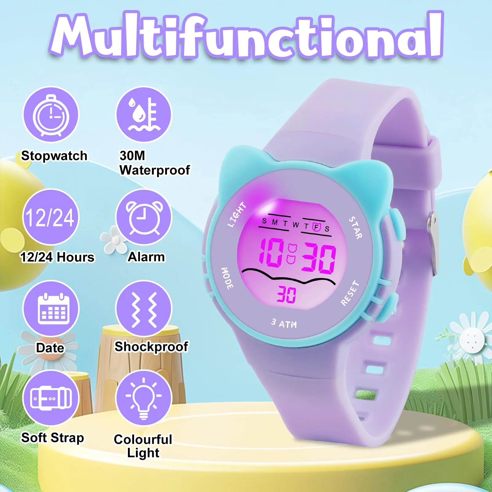 Edillas Orologio Digitale Bambino,7 Colori LED Orologio Sportivo e Multifunzionale da Polso per Ragazzi e Ragazze,Impermeabile 3 ATM,Sveglia/Cronometro/Data (Lavanda) - immagine 2