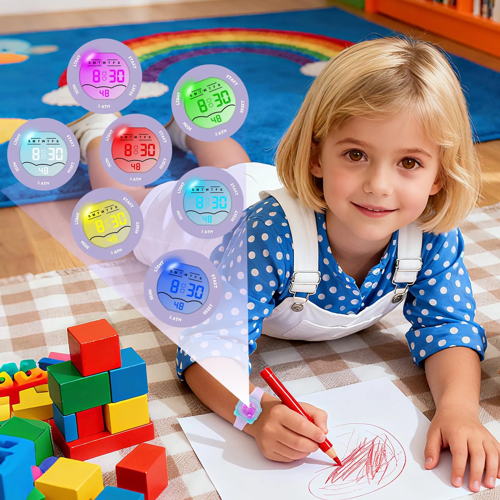 Edillas Orologio Digitale Bambino,7 Colori LED Orologio Sportivo e Multifunzionale da Polso per Ragazzi e Ragazze,Impermeabile 3 ATM,Sveglia/Cronometro/Data (Lavanda) - immagine 3
