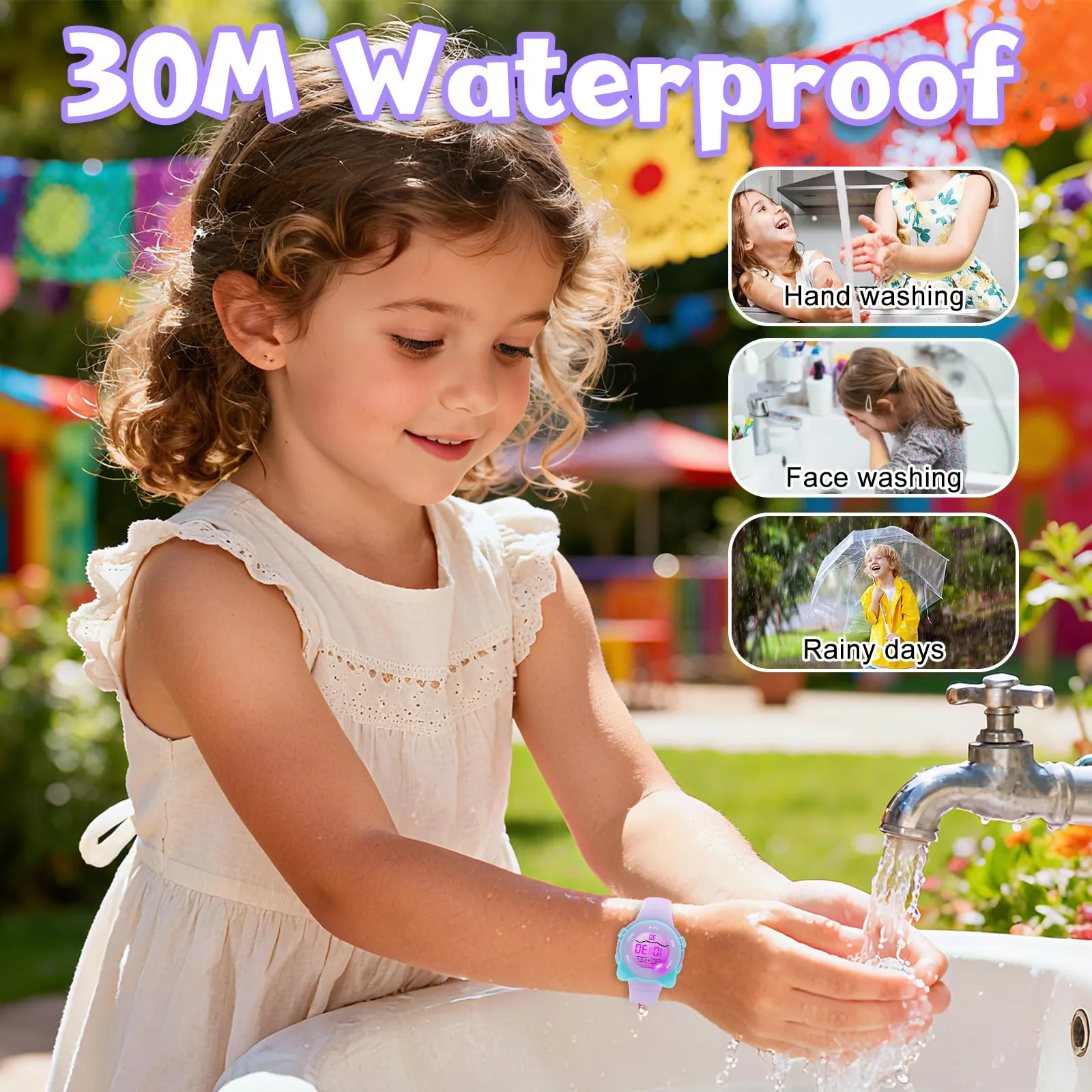 Edillas Orologio Digitale Bambino,7 Colori LED Orologio Sportivo e Multifunzionale da Polso per Ragazzi e Ragazze,Impermeabile 3 ATM,Sveglia/Cronometro/Data (Lavanda) - immagine 4