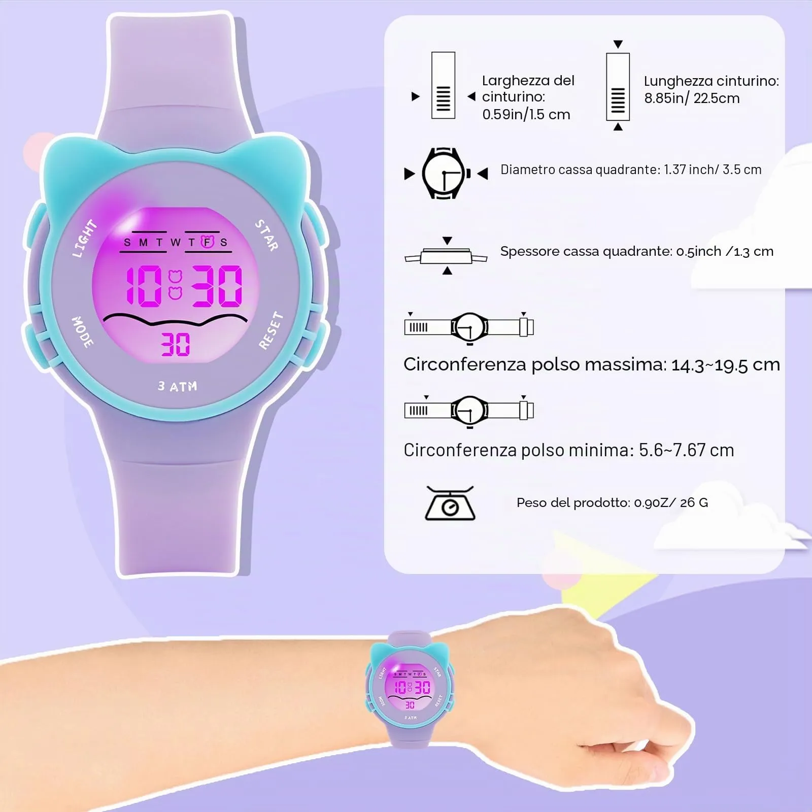 Edillas Orologio Digitale Bambino,7 Colori LED Orologio Sportivo e Multifunzionale da Polso per Ragazzi e Ragazze,Impermeabile 3 ATM,Sveglia/Cronometro/Data (Lavanda) - immagine 5
