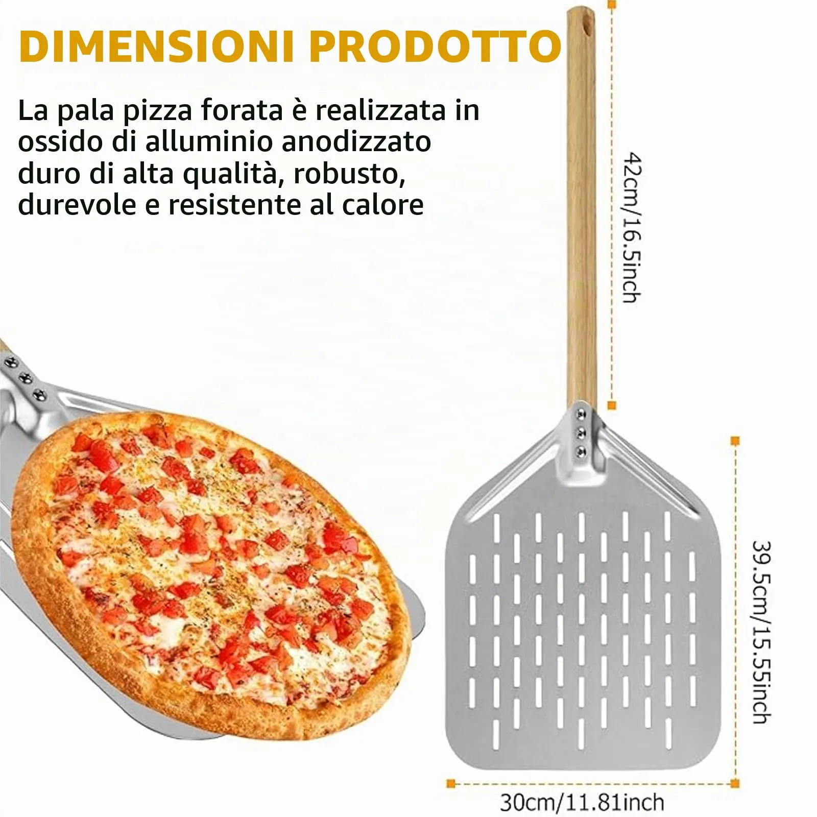 Bqkroa Pala per pizza perforata da 12 pollici: pala per pizza in alluminio, grande superficie, per uso domestico e gastronomia argento - immagine 2