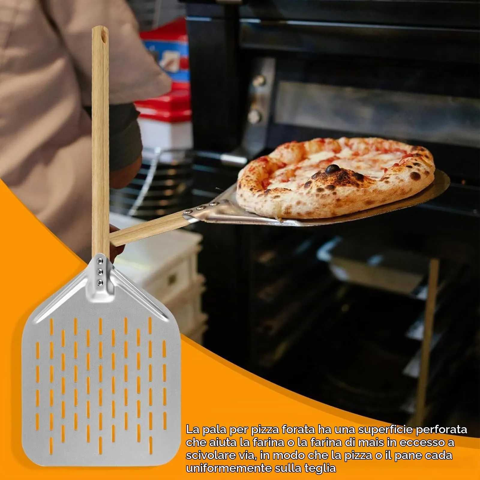 Bqkroa Pala per pizza perforata da 12 pollici: pala per pizza in alluminio, grande superficie, per uso domestico e gastronomia argento - immagine 3