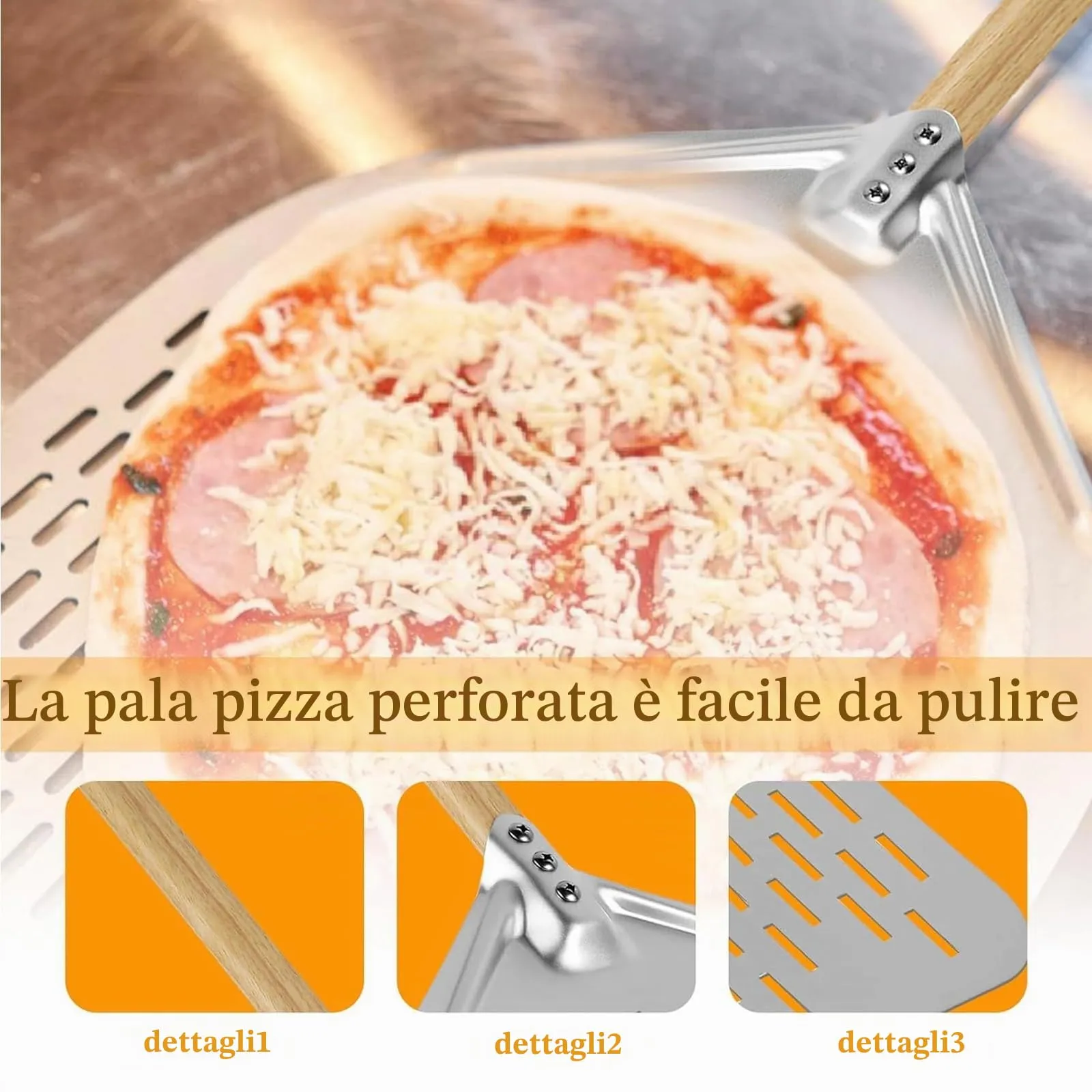 Bqkroa Pala per pizza perforata da 12 pollici: pala per pizza in alluminio, grande superficie, per uso domestico e gastronomia argento - immagine 4