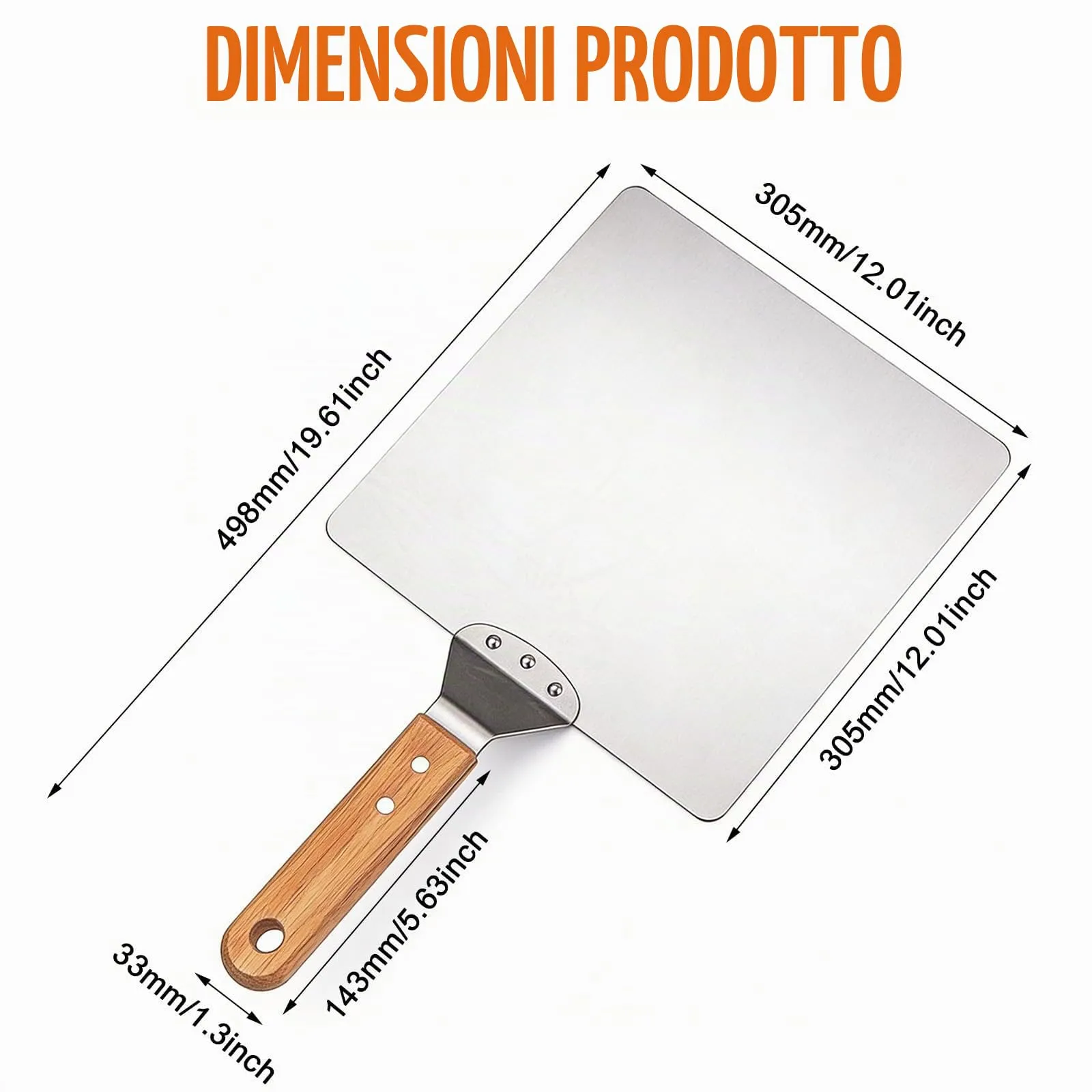 Bqkroa Pala per pizza grande da 30,5 cm: pala per pizza in acciaio inox con manico in legno, accessori per pizza per cottura e cucina, pala per pizza ultra robusta, pala per pizza di alta qualità - immagine 2
