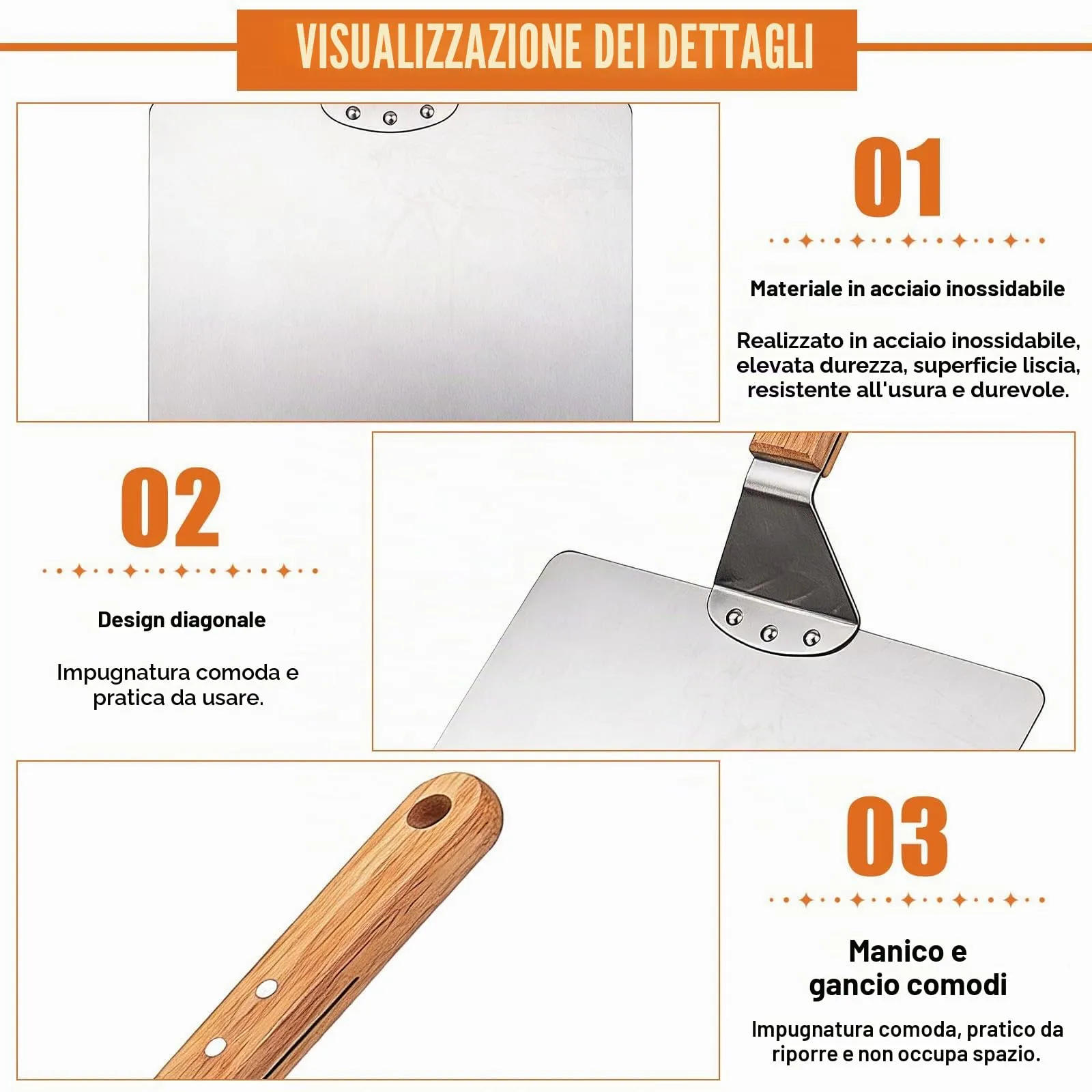 Bqkroa Pala per pizza grande da 30,5 cm: pala per pizza in acciaio inox con manico in legno, accessori per pizza per cottura e cucina, pala per pizza ultra robusta, pala per pizza di alta qualità - immagine 4