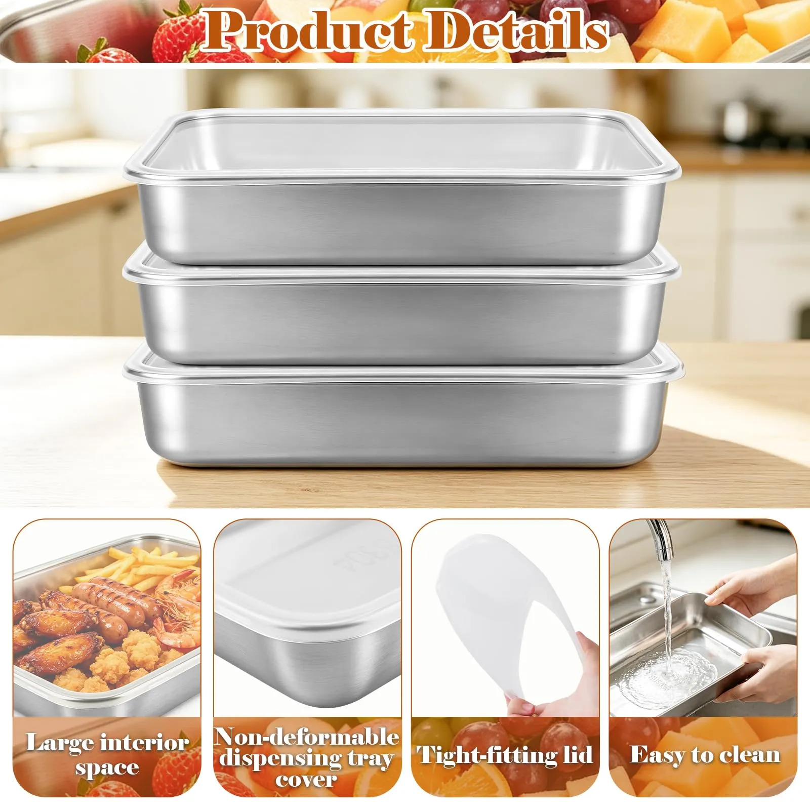 MXTIMWAN Set di 3 Contenitore Acciaio Inox per Alimenti, Contenitori Ermetici in Acciaio Inox per Alimenti, Contenitori Frigo Impilabili Contenitori Cibo Ermetici per Ristoranti, Cucine e Frigorife - immagine 3