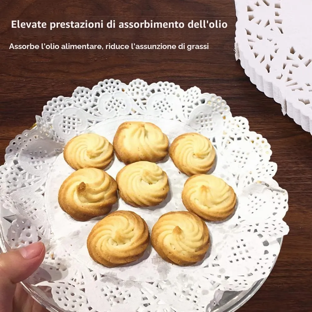 100 pezzi Centrini usa e getta in pizzo bianco, Centrini di Carta Rotondo da 6,5 pollici carta per stuoia per torte per matrimoni, compleanni, torte, dessert, decorazioni per alimenti - immagine 6