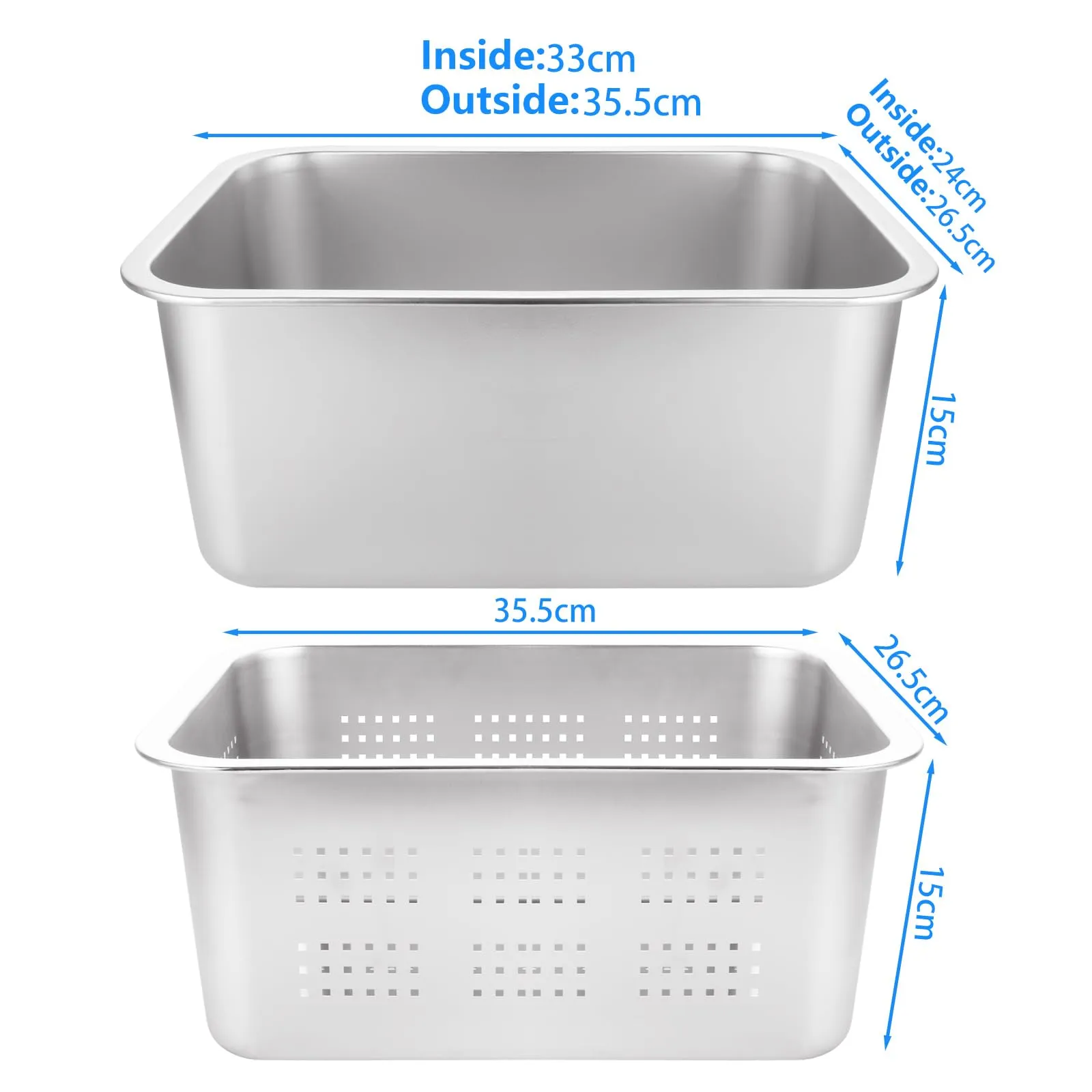 A Selected, ciotola per lavare i piatti e colino, in acciaio inossidabile 304, grande set di ciotole rettangolari da 10 litri, lavabo, vasca da bagno, 36 x 27 x 15 cm, 2 pezzi, 1 confezione - immagine 2