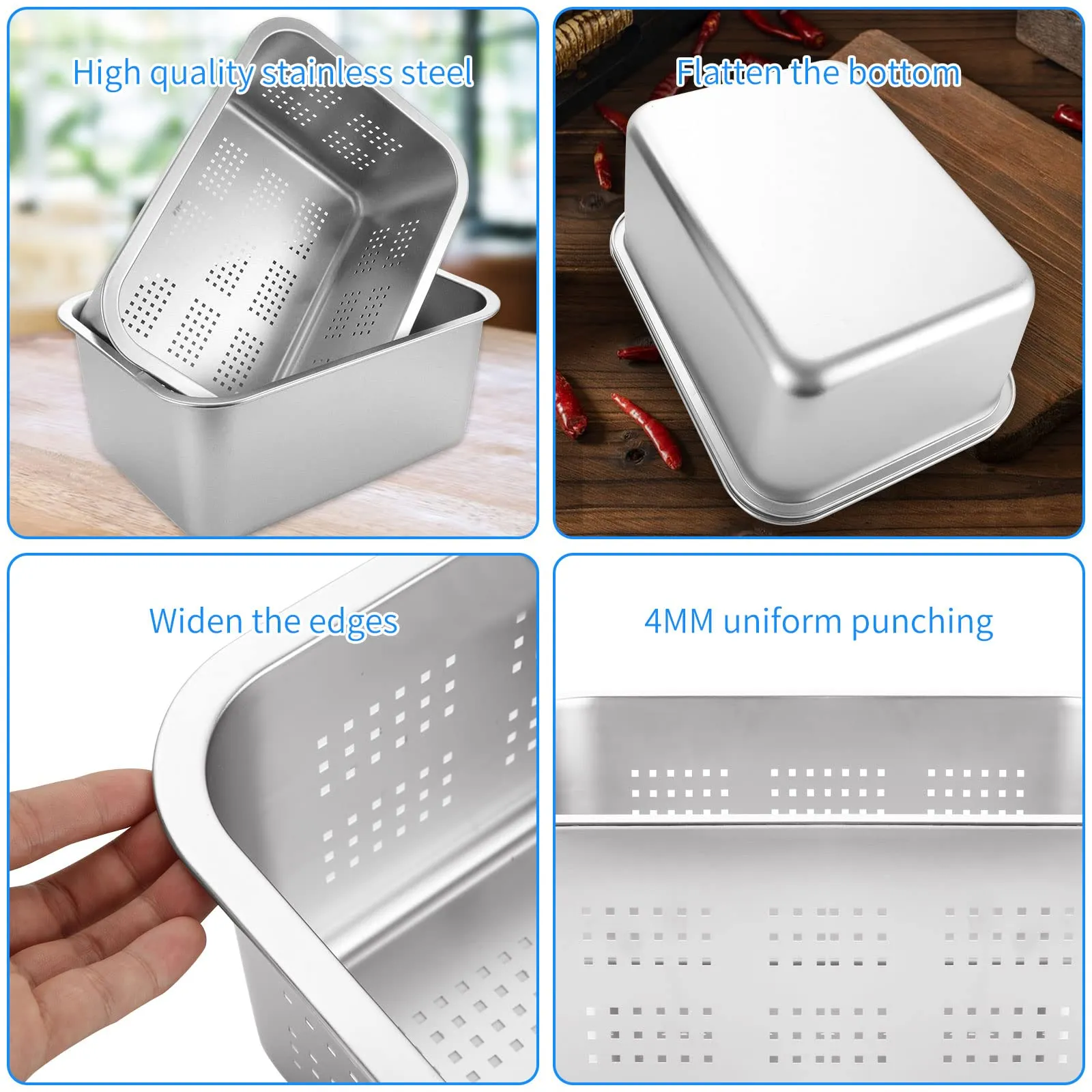 A Selected, ciotola per lavare i piatti e colino, in acciaio inossidabile 304, grande set di ciotole rettangolari da 10 litri, lavabo, vasca da bagno, 36 x 27 x 15 cm, 2 pezzi, 1 confezione - immagine 3