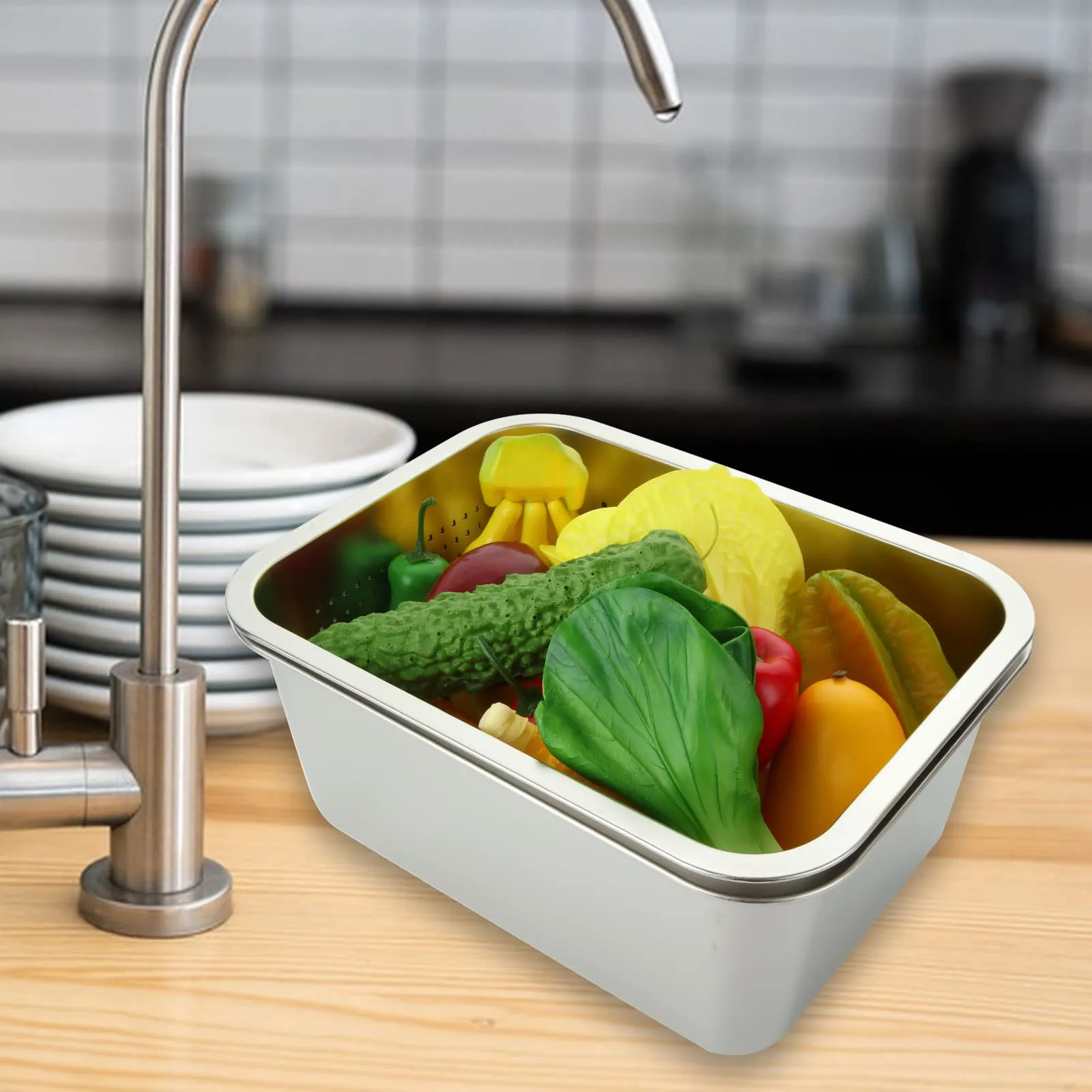 A Selected, ciotola per lavare i piatti e colino, in acciaio inossidabile 304, grande set di ciotole rettangolari da 10 litri, lavabo, vasca da bagno, 36 x 27 x 15 cm, 2 pezzi, 1 confezione - immagine 5