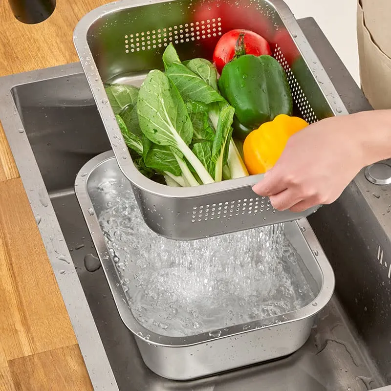 A Selected, ciotola per lavare i piatti e colino, in acciaio inossidabile 304, grande set di ciotole rettangolari da 10 litri, lavabo, vasca da bagno, 36 x 27 x 15 cm, 2 pezzi, 1 confezione - immagine 6