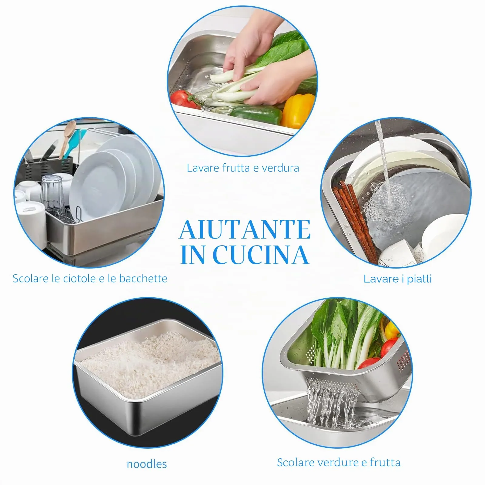 A Selected, ciotola per lavare i piatti e colino, in acciaio inossidabile 304, grande set di ciotole rettangolari da 10 litri, lavabo, vasca da bagno, 36 x 27 x 15 cm, 2 pezzi, 1 confezione - immagine 7