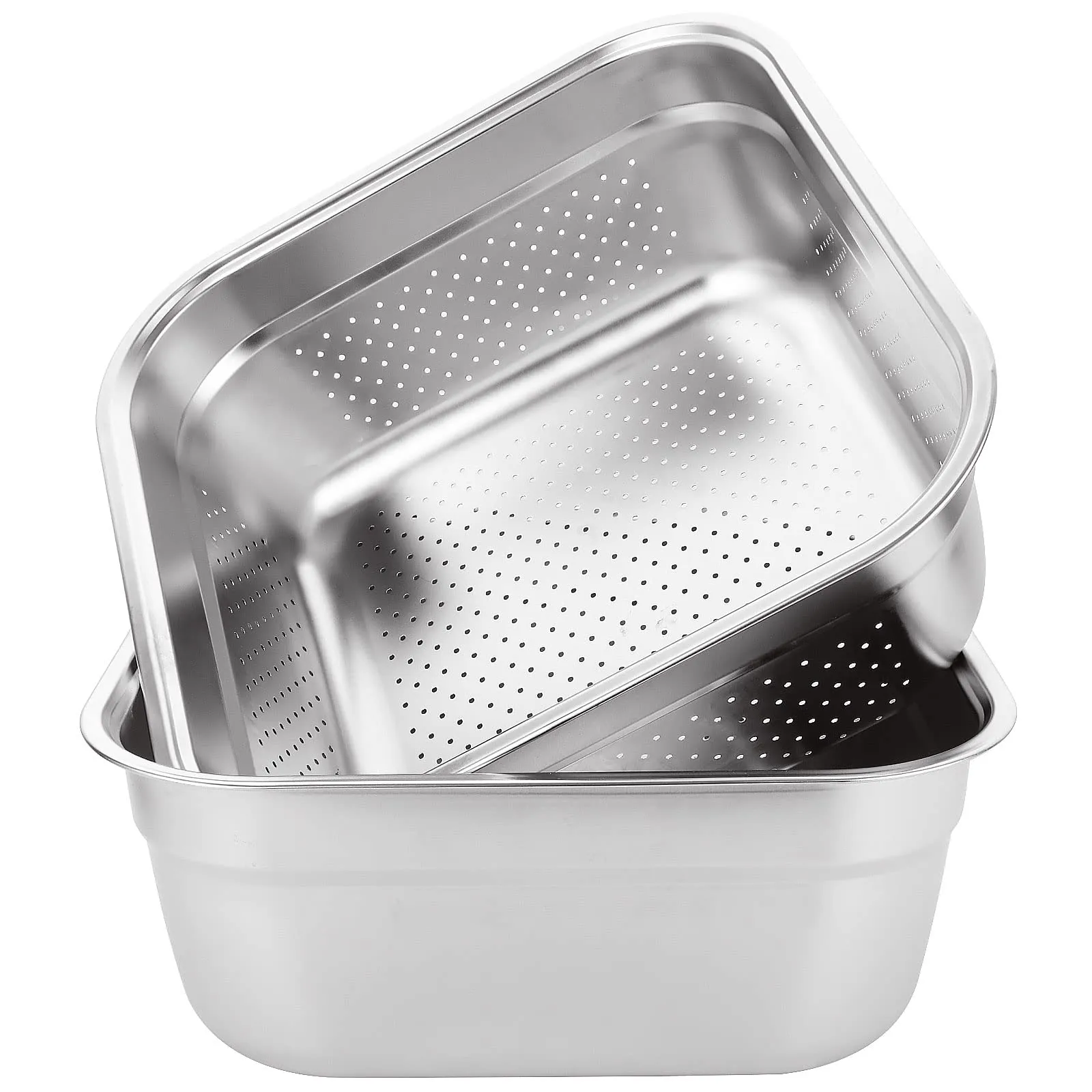 ASelected Ciotola e colino, in acciaio inox 304, rettangolare, 10 litri, lavabo, vasca, per preparare verdure, frutta, cibo, 33 x 33 x 13 cm, 2 pezzi - immagine 1