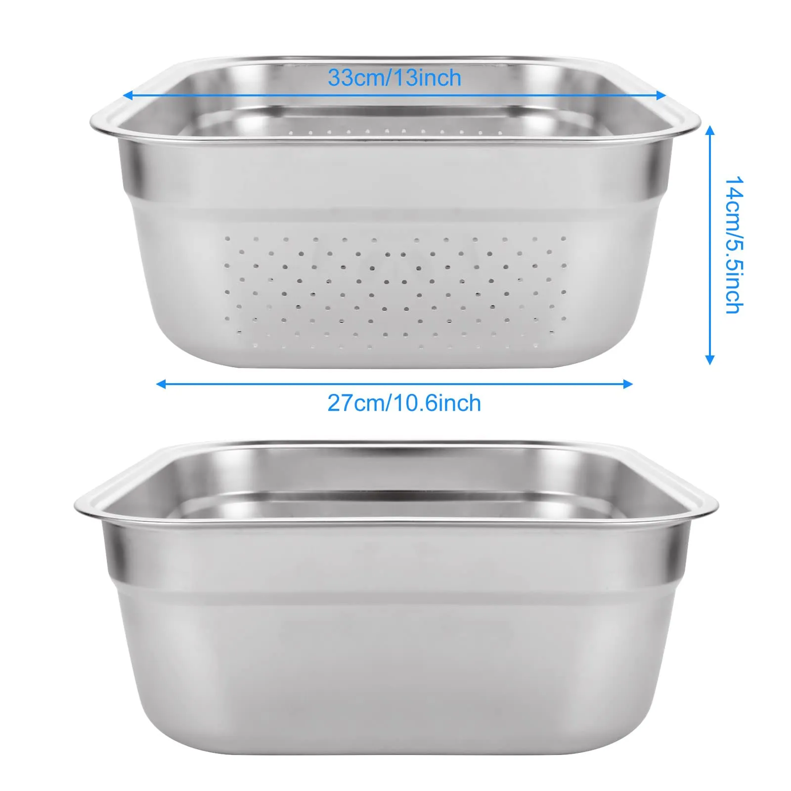 ASelected Ciotola e colino, in acciaio inox 304, rettangolare, 10 litri, lavabo, vasca, per preparare verdure, frutta, cibo, 33 x 33 x 13 cm, 2 pezzi - immagine 2
