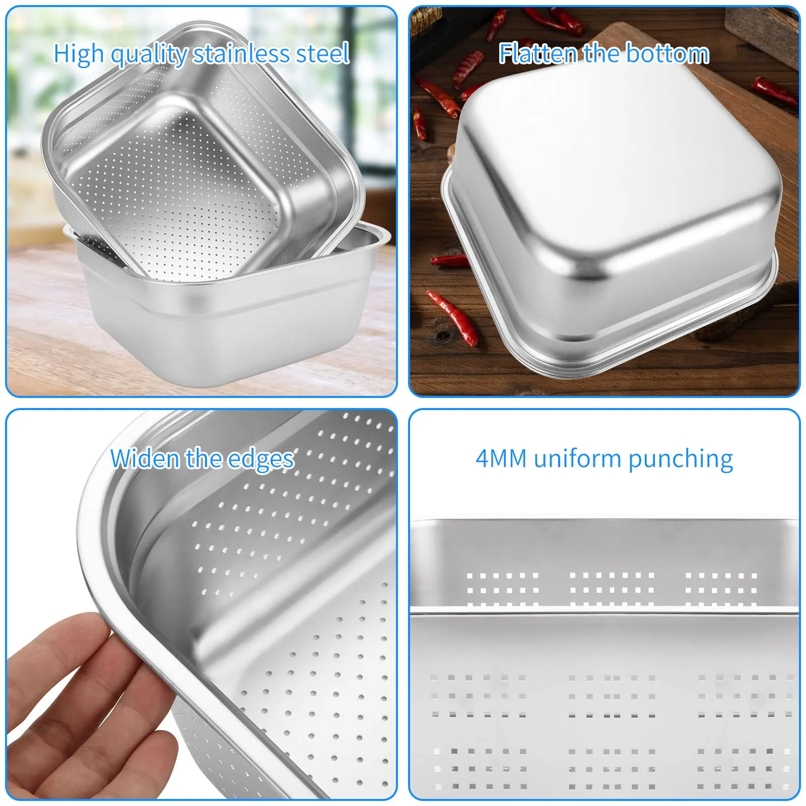ASelected Ciotola e colino, in acciaio inox 304, rettangolare, 10 litri, lavabo, vasca, per preparare verdure, frutta, cibo, 33 x 33 x 13 cm, 2 pezzi - immagine 3