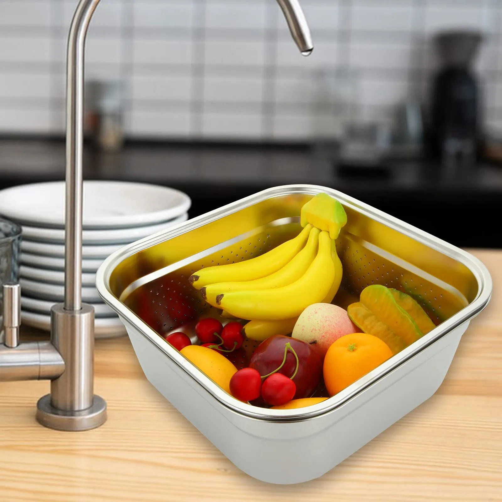 ASelected Ciotola e colino, in acciaio inox 304, rettangolare, 10 litri, lavabo, vasca, per preparare verdure, frutta, cibo, 33 x 33 x 13 cm, 2 pezzi - immagine 5